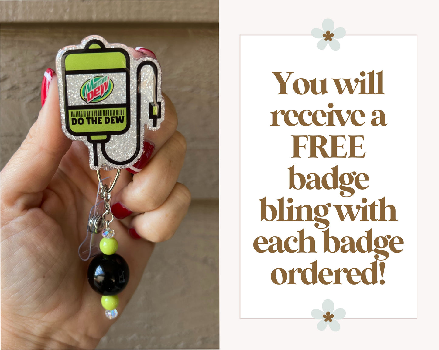 Mountain Dew IV Bag Badge Reel - Glittery Green & Black ID Holder with Free Badge Bling!
