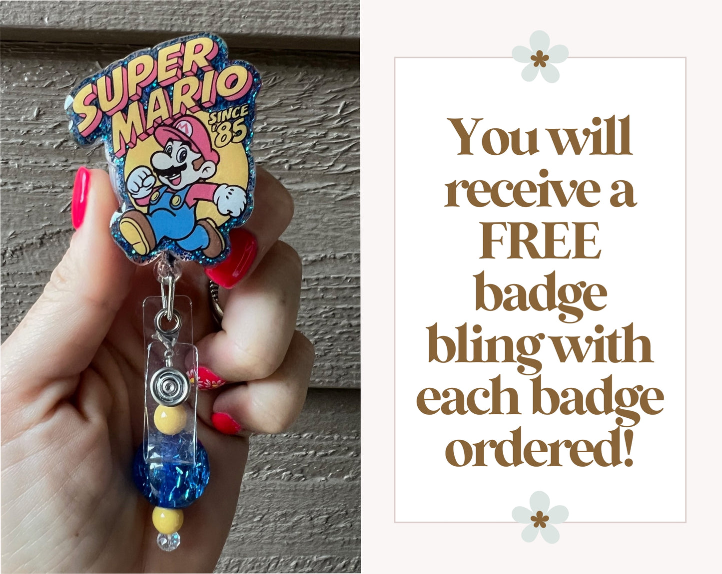 Super Mario ID Holder held by a hand with text about free badge bling offer.