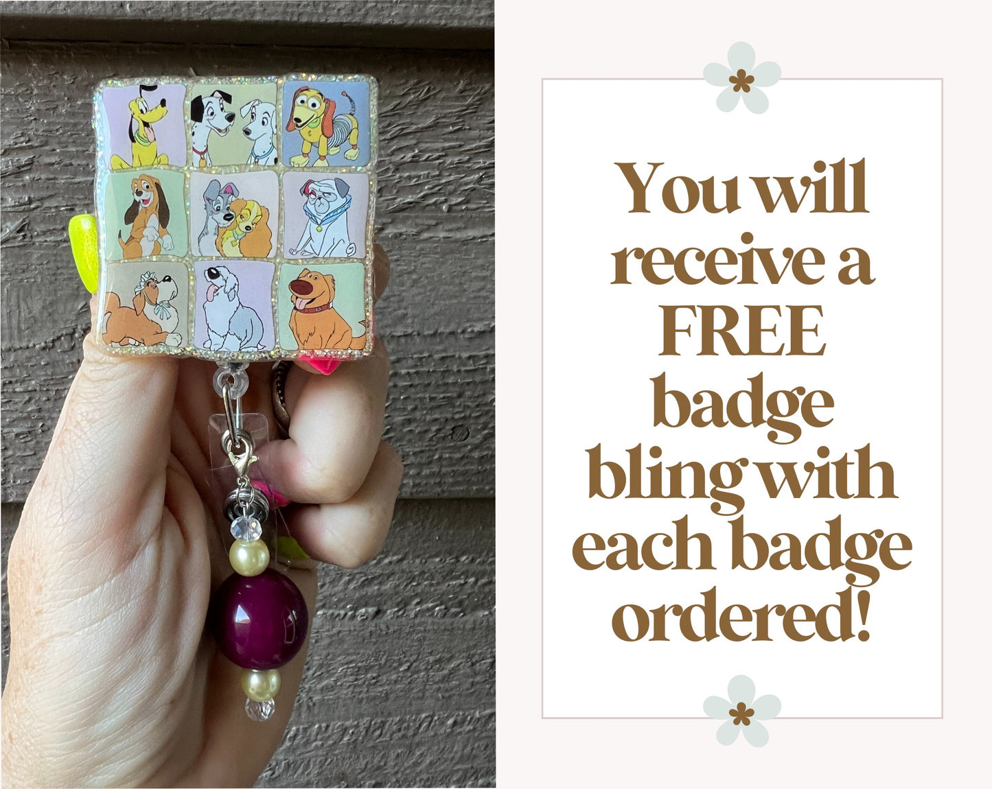 Badge with cartoon characters held by a hand, next to promotional text about free badge bling.