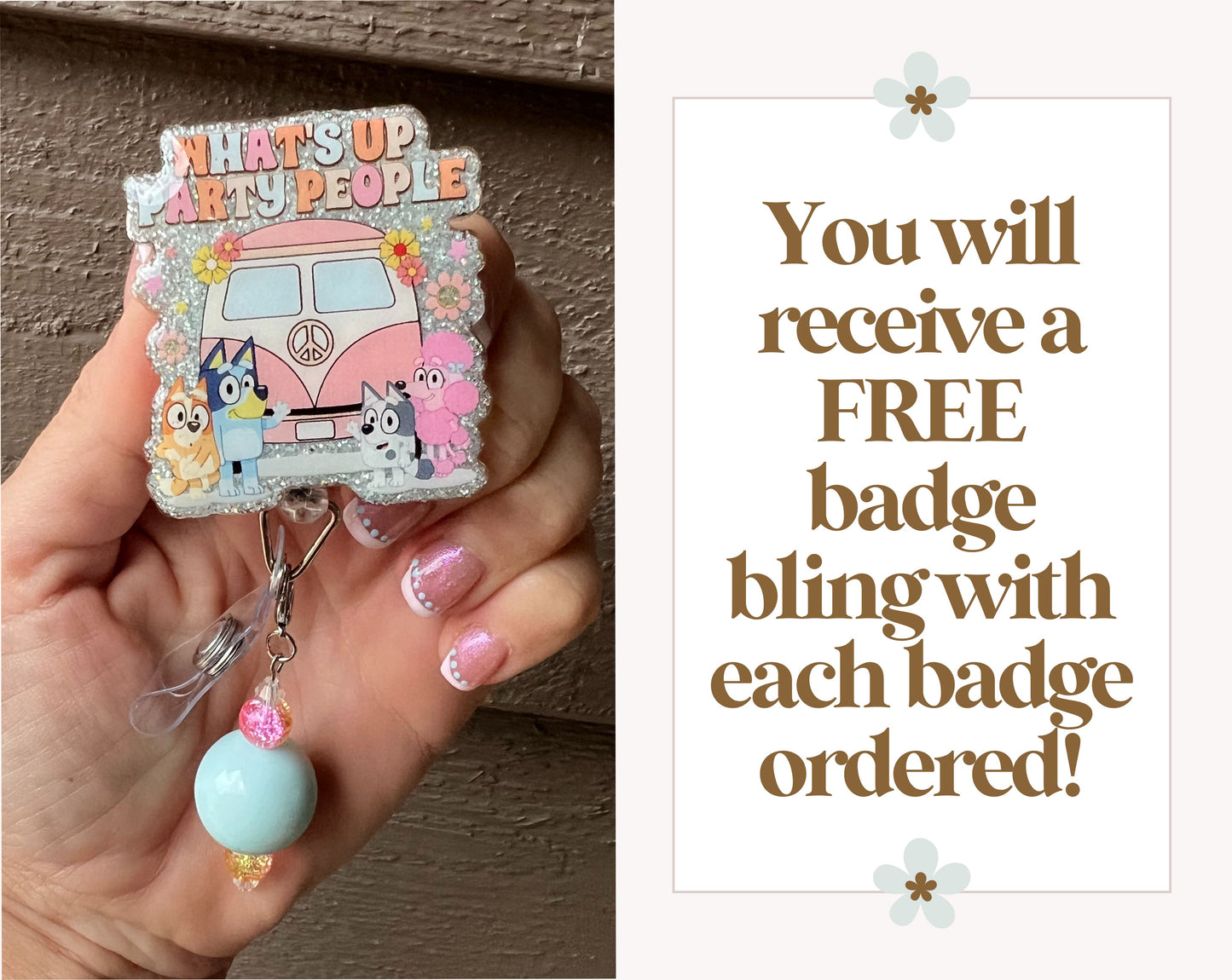Bluey "What's Up Party People Badge Reel -Glittery Retro Van ID Holder with Free Badge Bling!