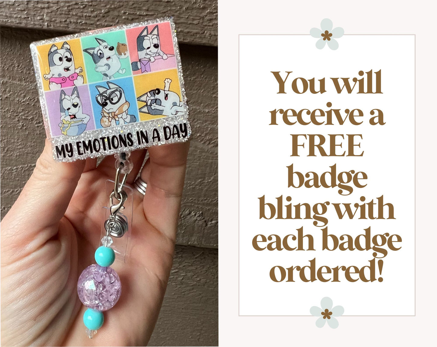 Muffin "My Emotions in a Day" Badge Reel -Glitter ID Holder with Free Badge Bling!