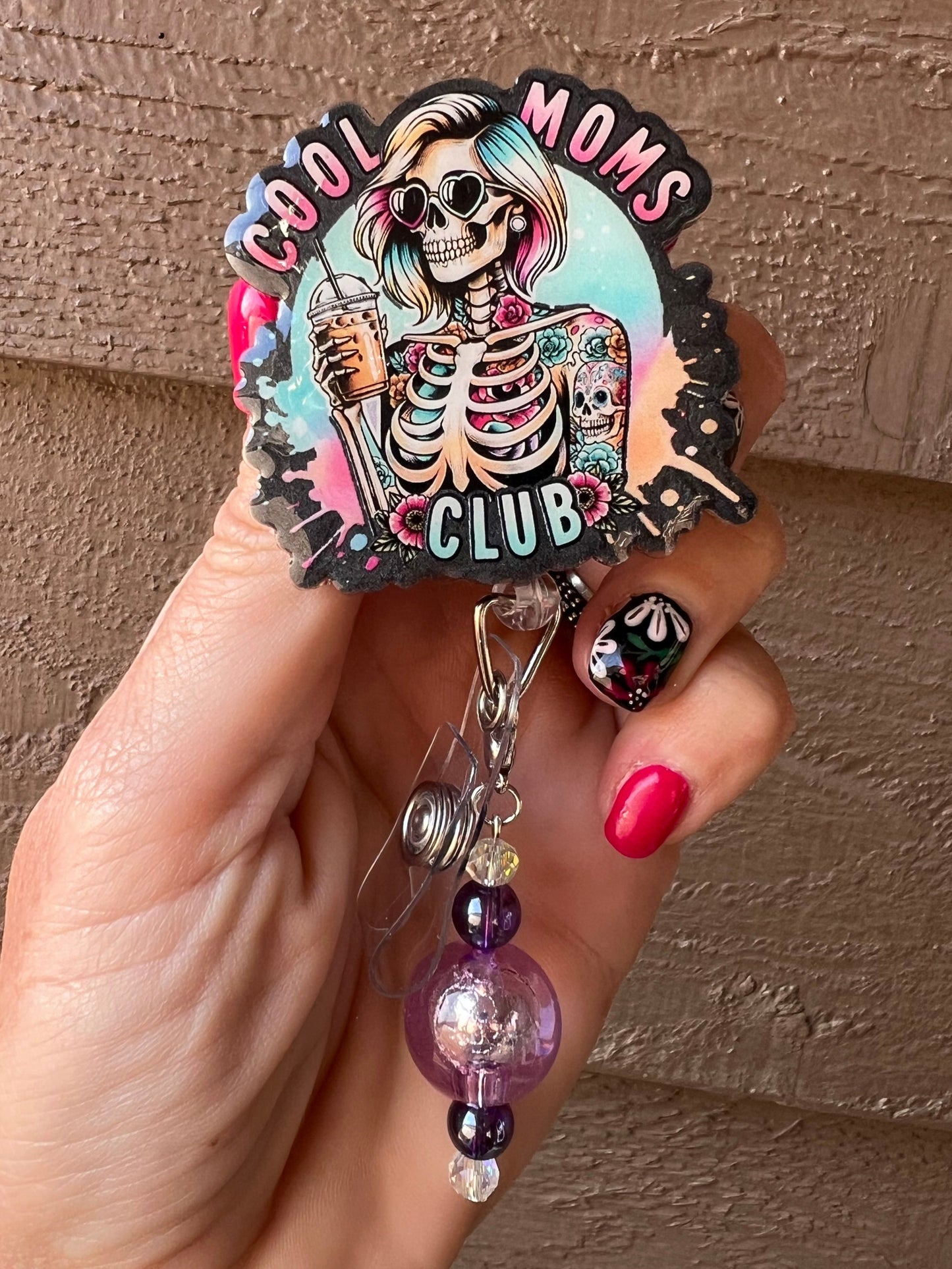 Cool Moms Club Badge Reel - Skeleton with Iced Coffee with Free Badge Bling!