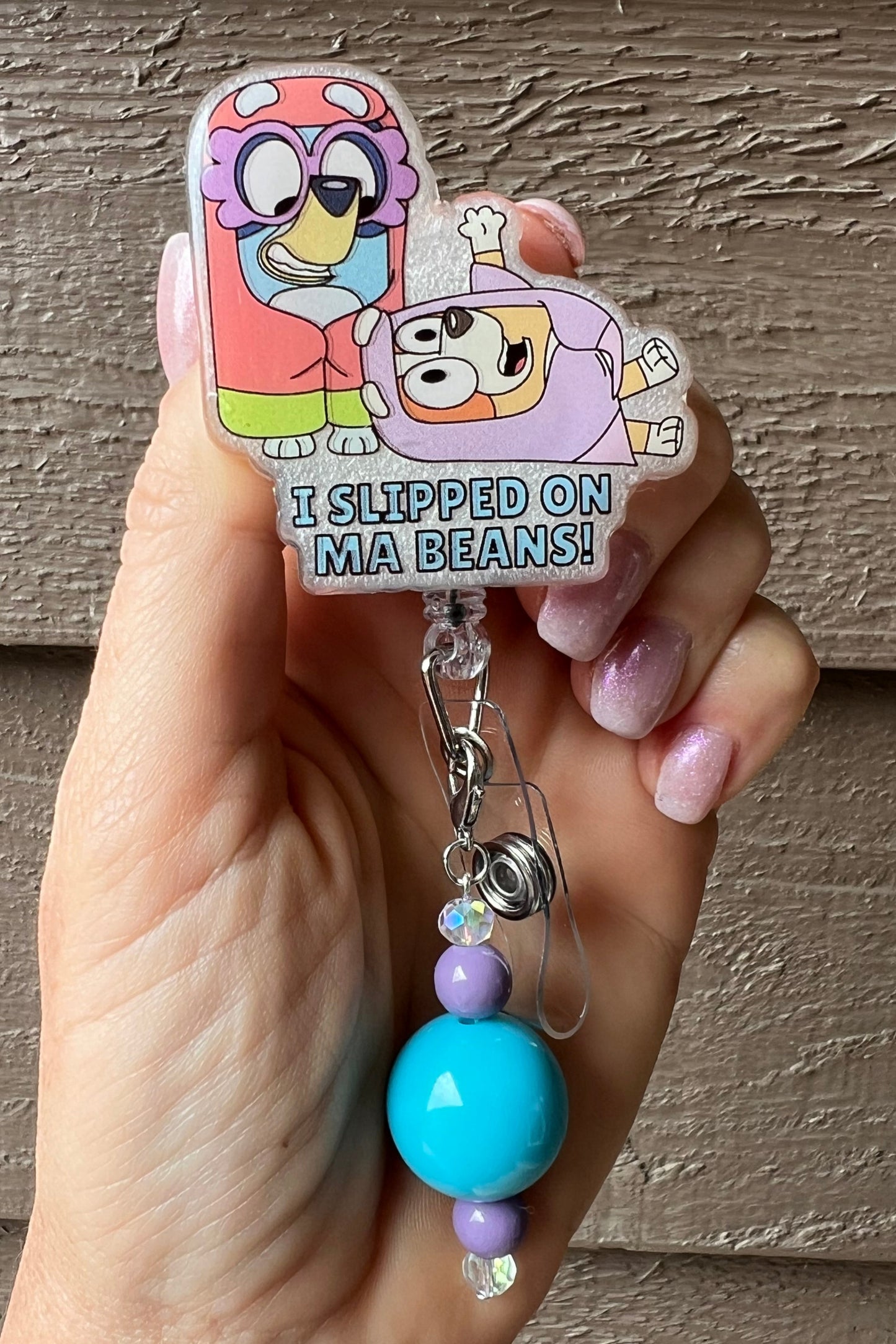Bluey "I Slipped on Ma Beans!" Bage Reel - Glittery Grannies ID Holder with Free Badge Bling!