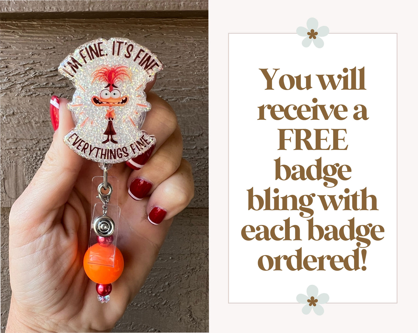 Funny "I'm Fine" Badge Reel- Inspired by Anxiety from Inside out 2 - ID Holder with Free Badge Bling!