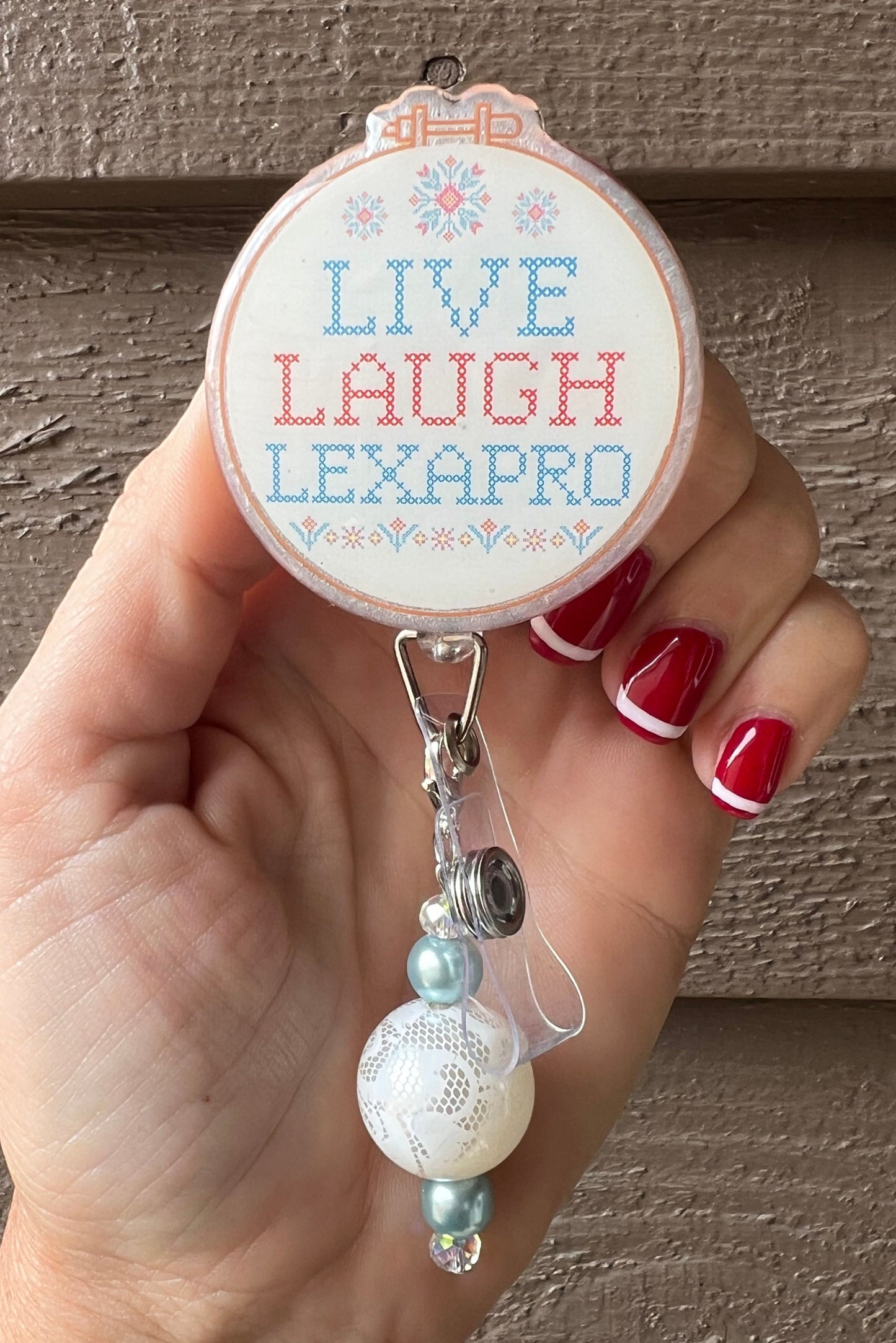 Live Laugh Lexapro Badge Reel | Funny Cross-Stitch Badge Reel with Free Badge Bling!