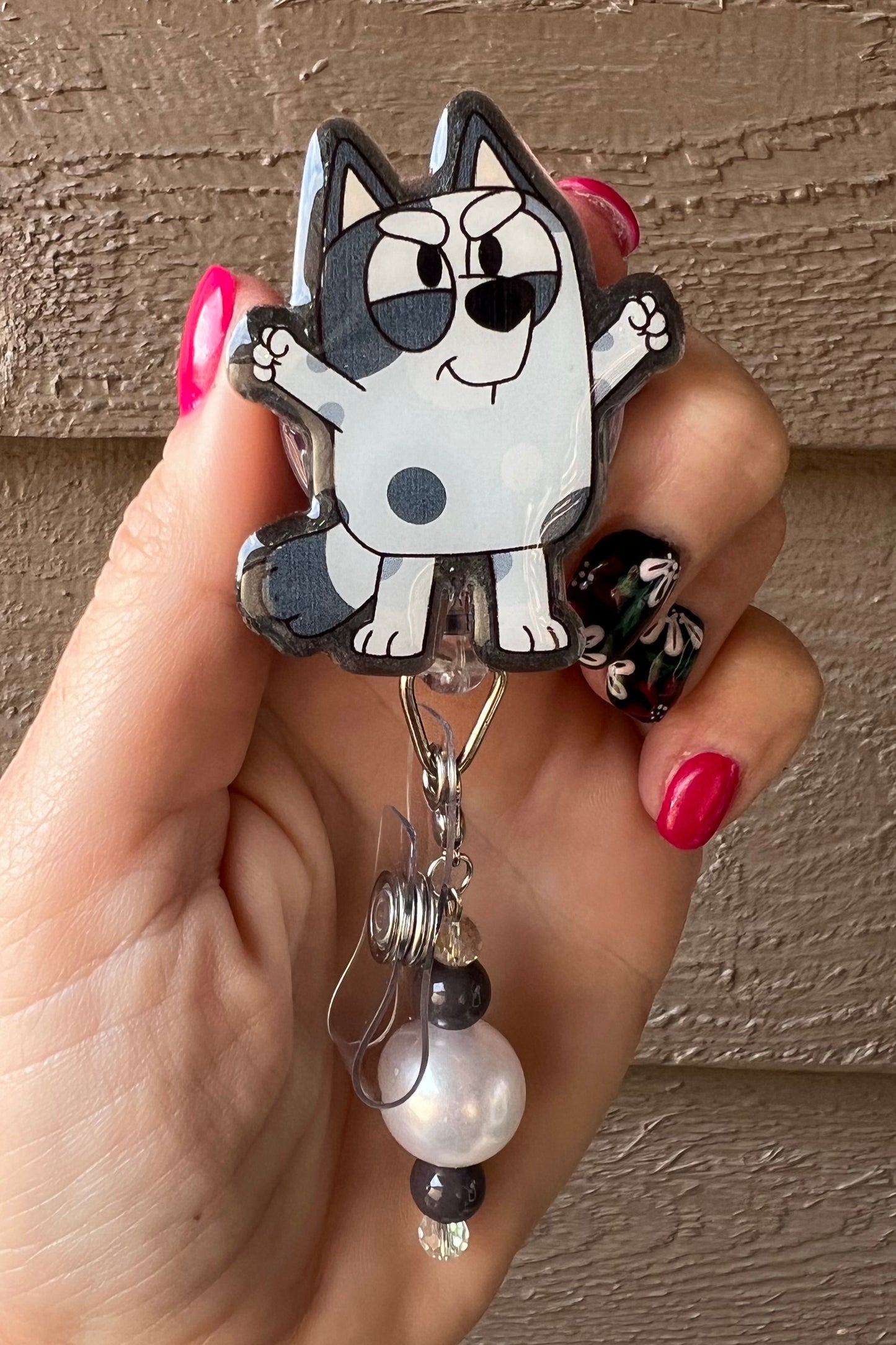 Muffin from Bluey Badge Reel - Glitter or Pearl ID Holder with Free Badge Bling!