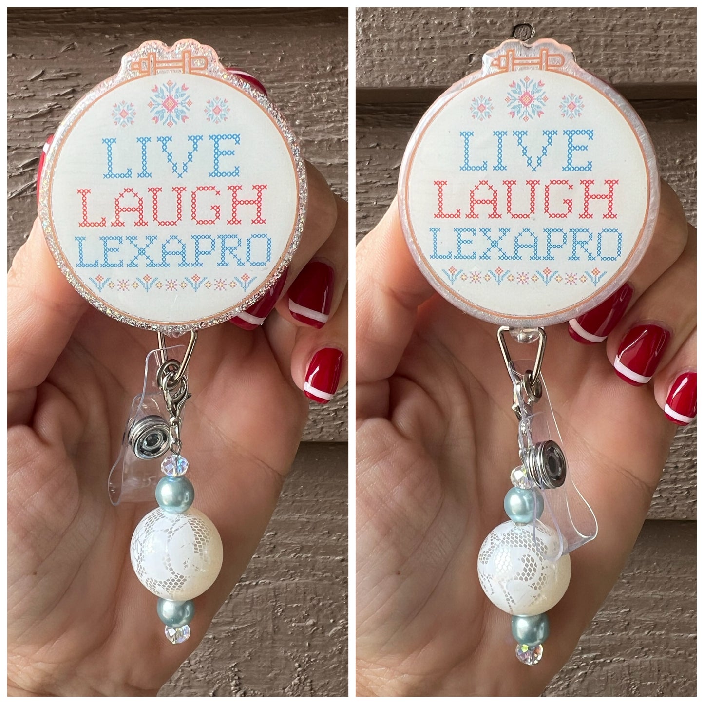 Live Laugh Lexapro Badge Reel | Funny Cross-Stitch Badge Reel with Free Badge Bling!