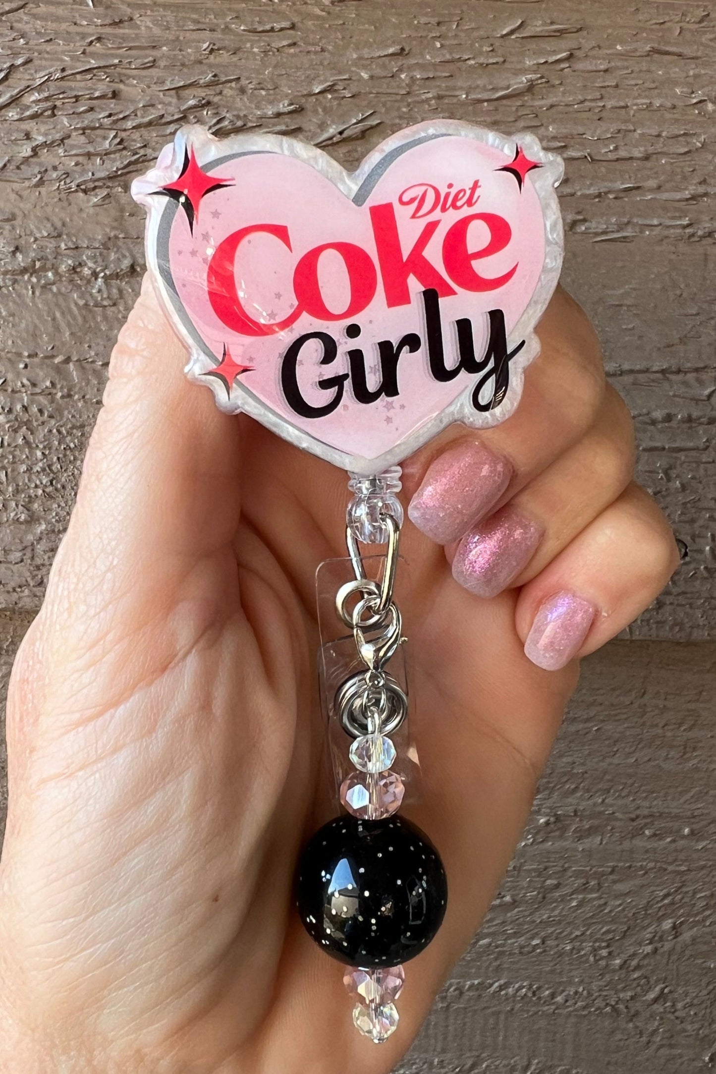 Diet Coke Girly Badge Reel - Pink Heart ID Holder with Free Badge Bling!