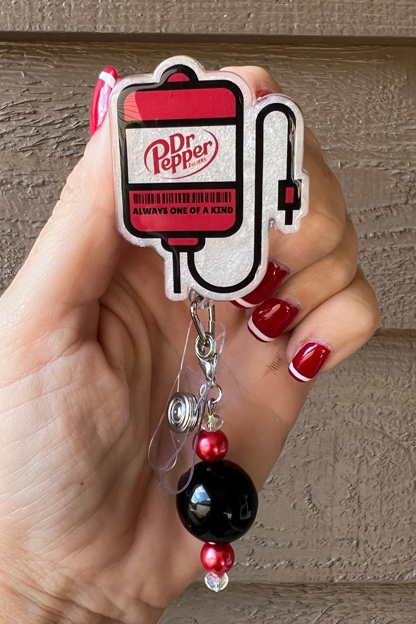 Dr. Pepper IV Bag Badge Reel - Glittery Red & Black ID Holder with Free Badge Bling!