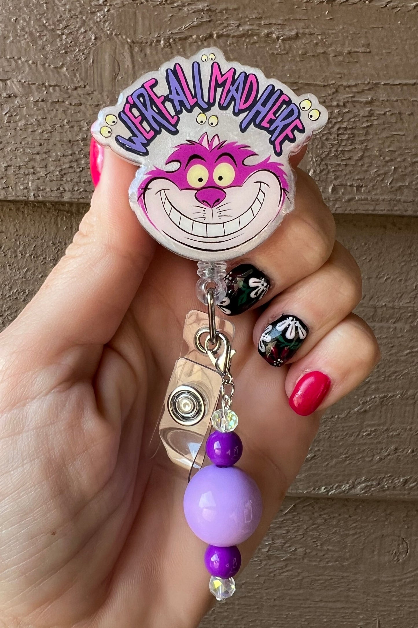 Cheshire Cat "We're All Mad Here" Bage Reel - Glittery Alice-Inspired ID Holder with Free Badge Bling!