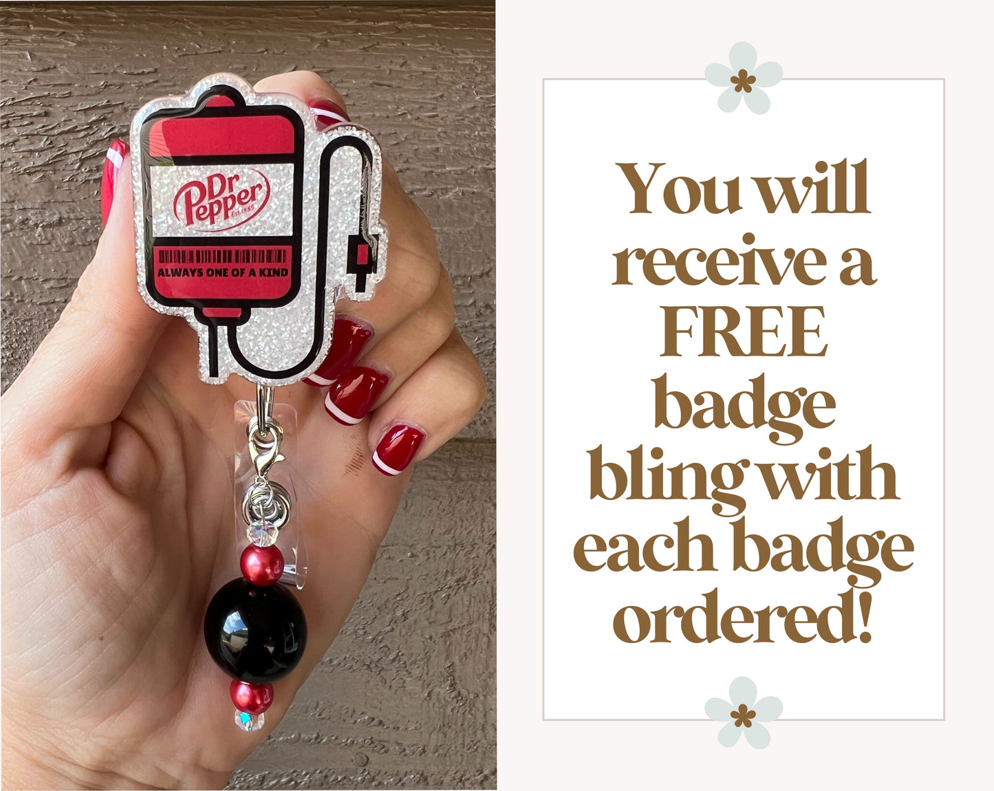 Dr. Pepper IV Bag Badge Reel - Glittery Red & Black ID Holder with Free Badge Bling!