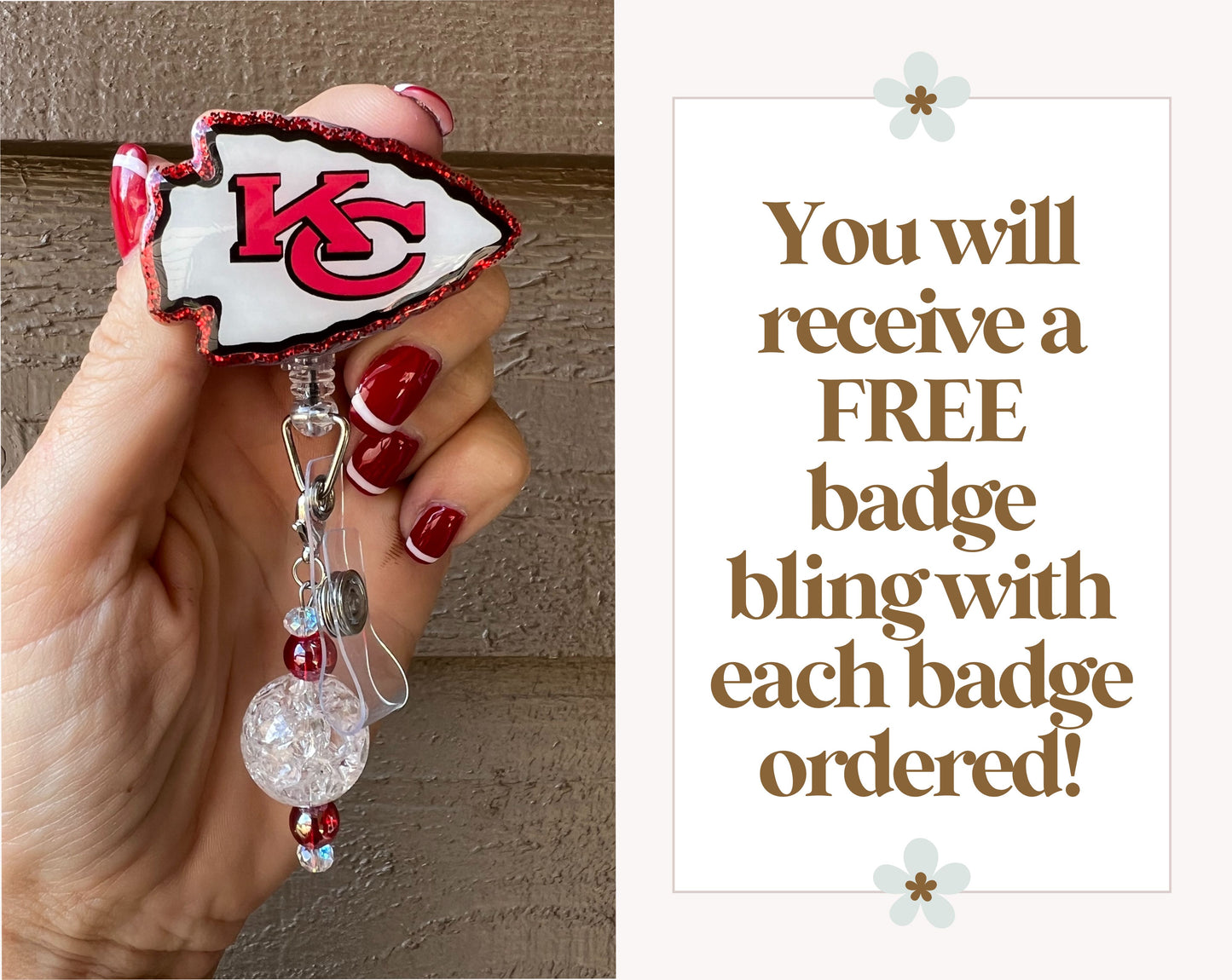 Kansas City Chiefs Badge Reel - Glitter or Pearl Arrowhead ID Holder with Free Badge Bling!