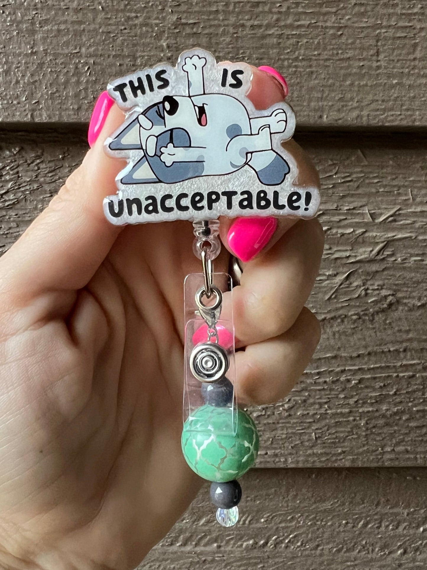 "This is Unacceptable!" Badge Reel-  Muffin from Bluey - ID Holder with Free Badge Bling!
