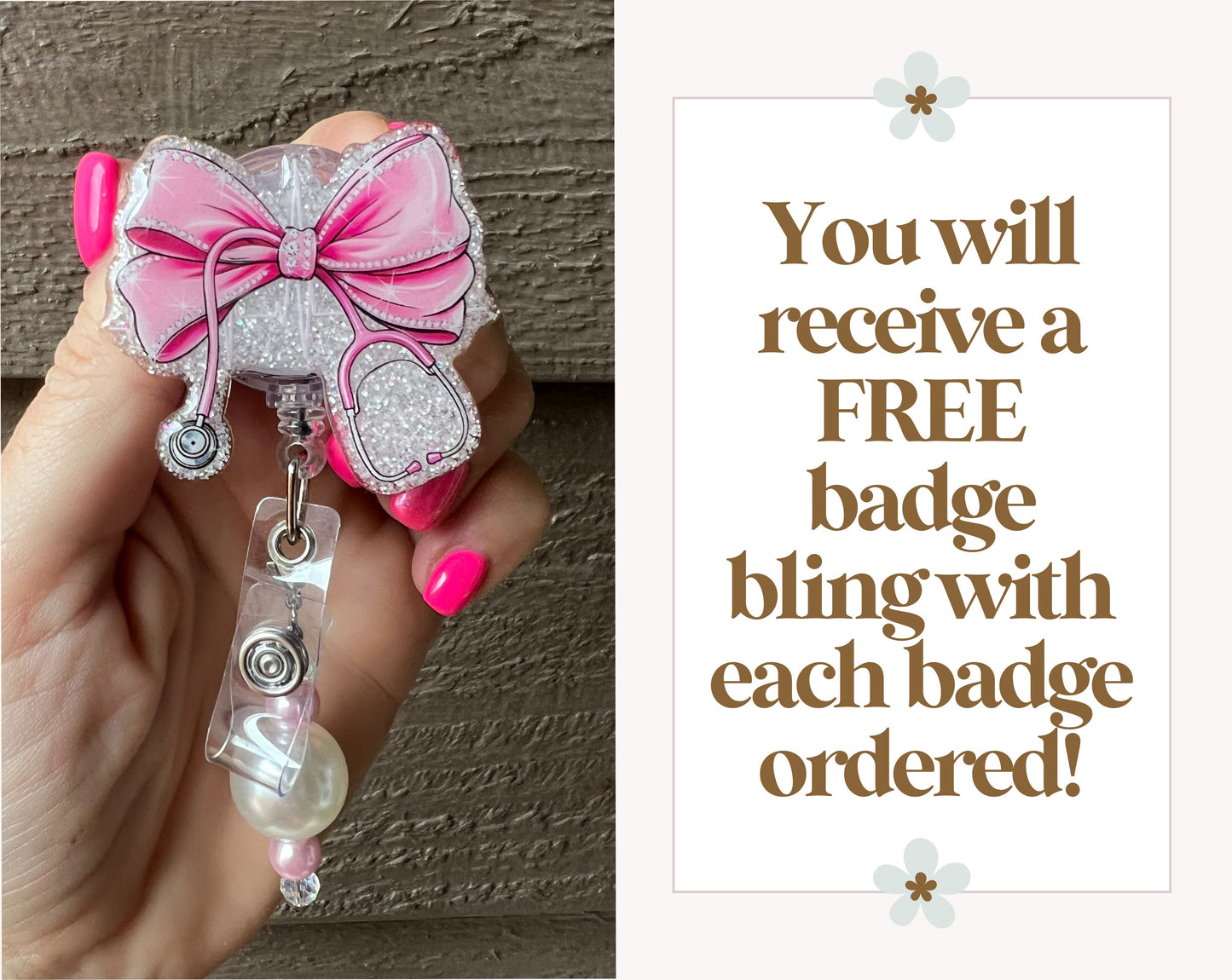 Pink Coquette Stethoscope Badge Reel - Nurse Tech EMT ID Holder with Free Badge Bling!