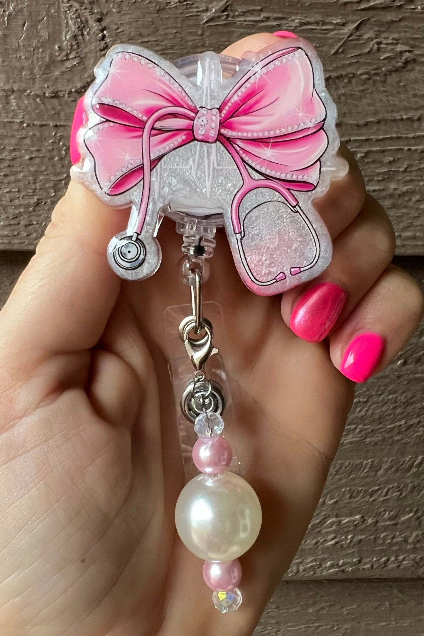Pink Coquette Stethoscope Badge Reel - Nurse Tech EMT ID Holder with Free Badge Bling!