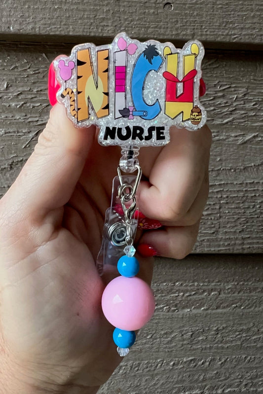 NICU Nurse Badge Reel with Winnie the Pooh characters in the NICU letters over soft white background with matching badge bling.
