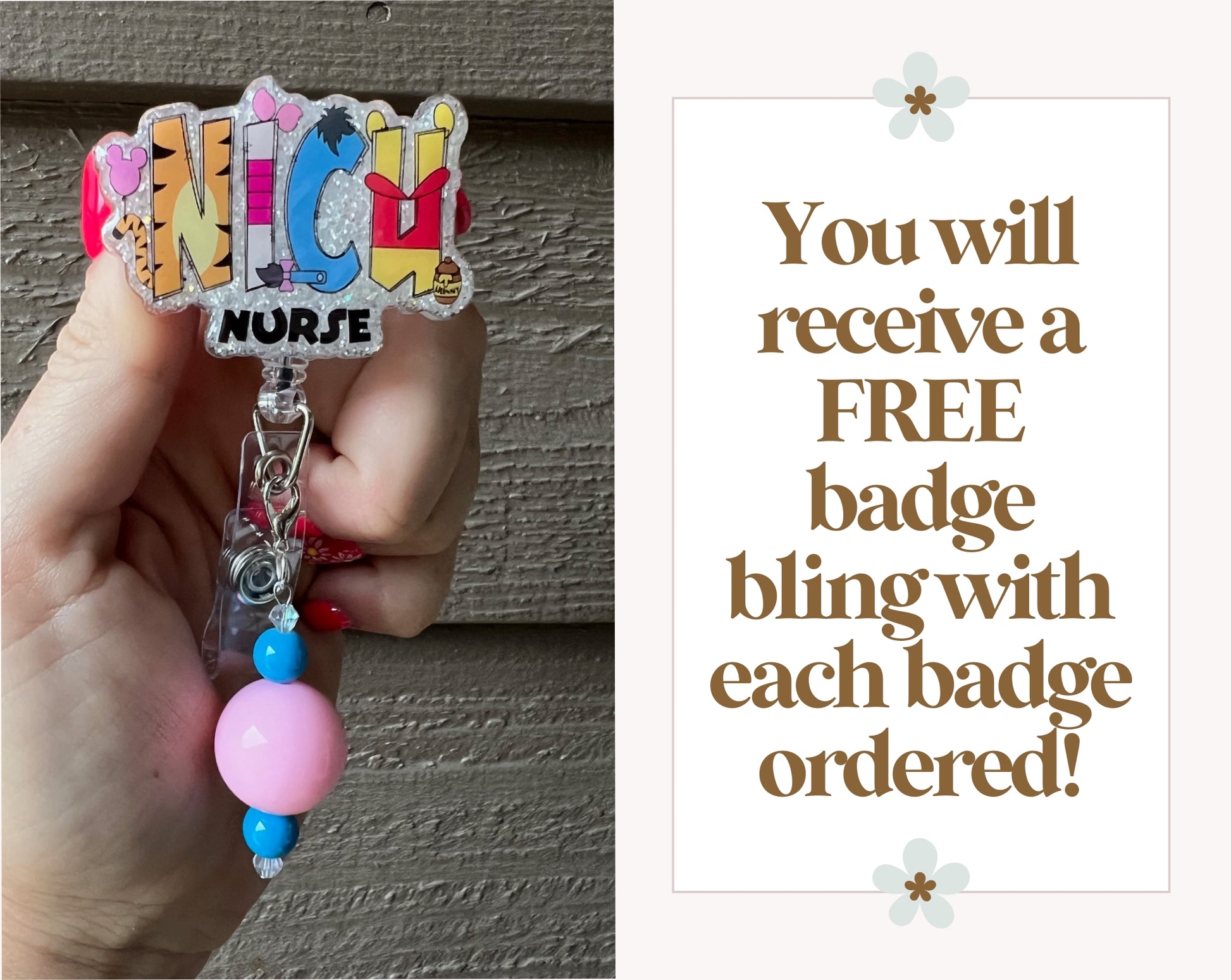 NICU Nurse Badge Reel with Winnie the Pooh characters in the NICU letters over soft white glitter background with matching badge bling.