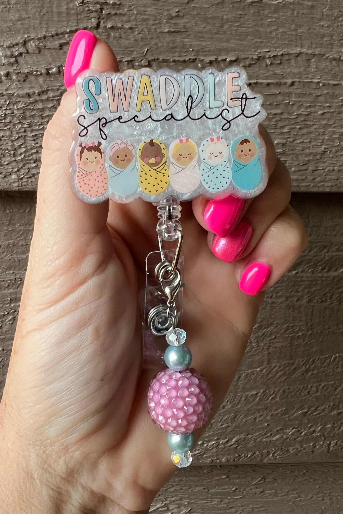 "Swaddle Specialist" Badge Reel -  OB L&D NICU Nurse ID Holder with Free Badge Bling!