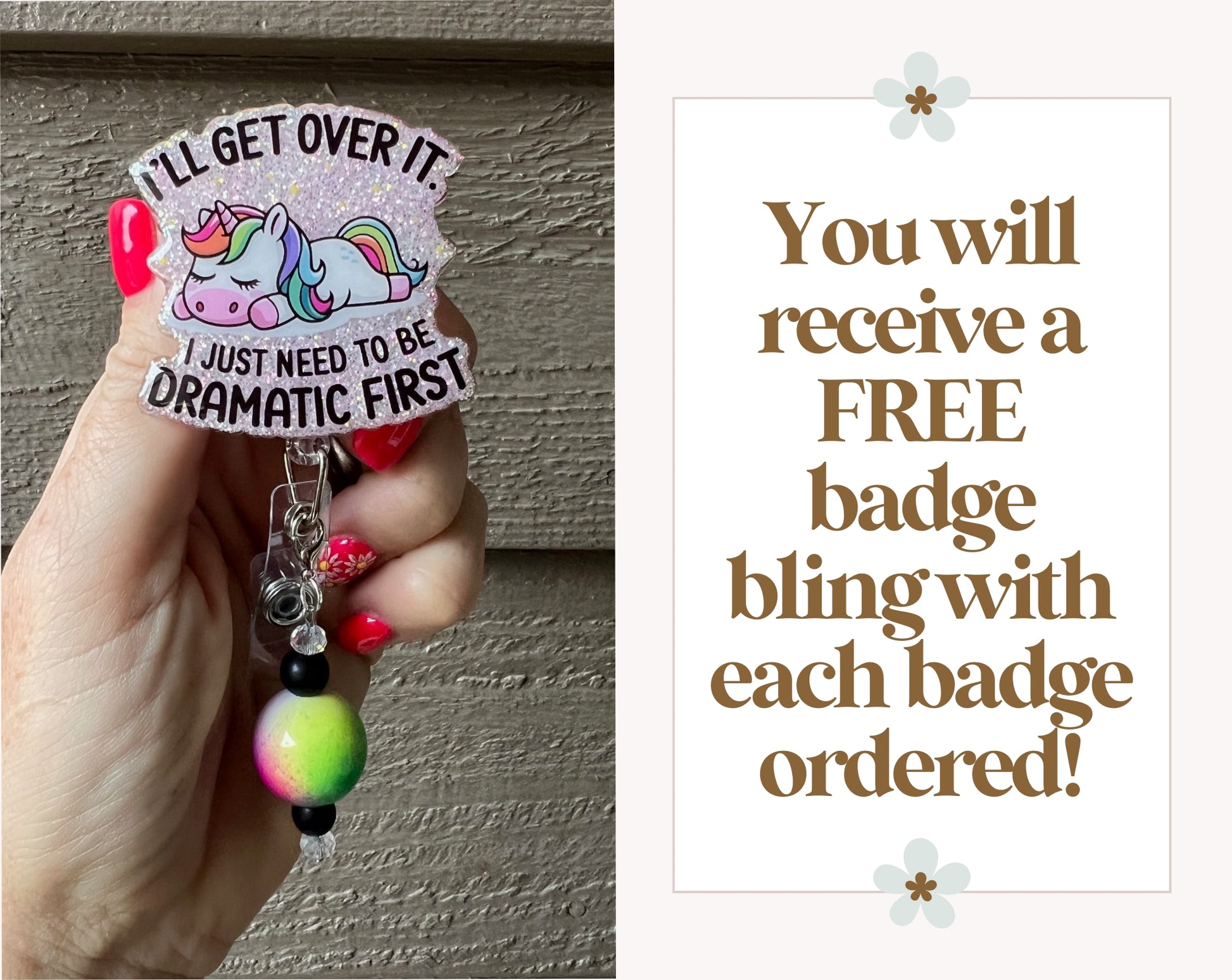 Colorful badge with unicorn design held by a hand, next to promotional text about free badge bling offer.