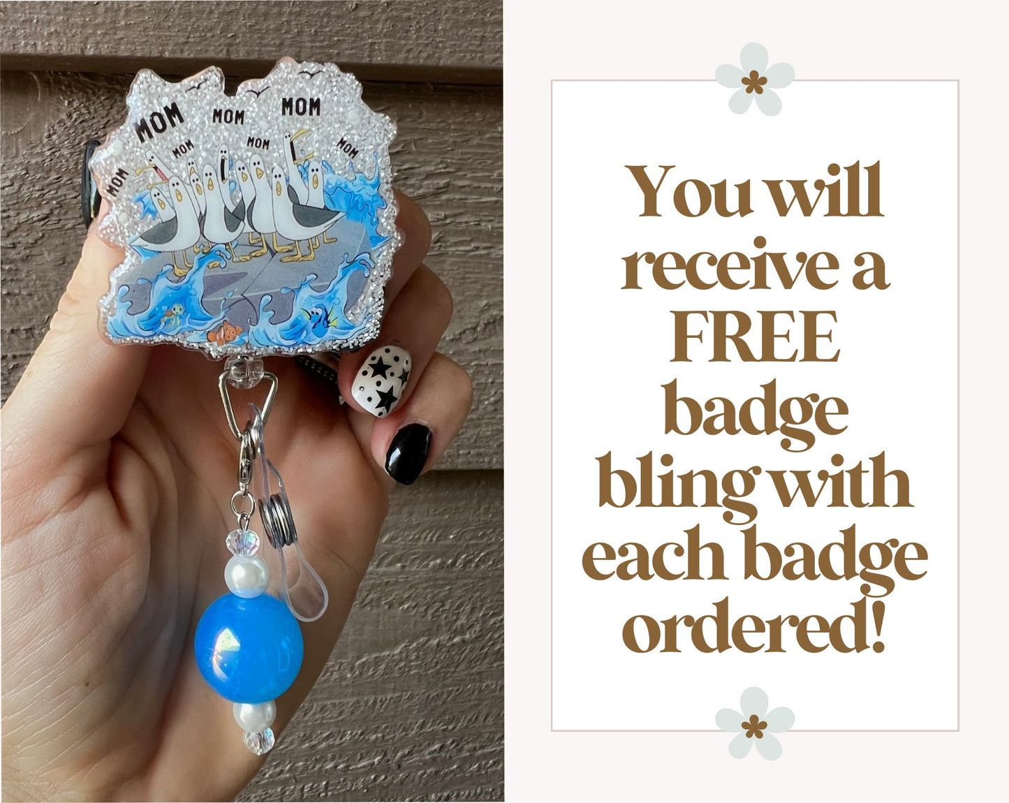 "MOM MOM MOM" Seagull Funny Badge Reel with FREE Badge Bling!