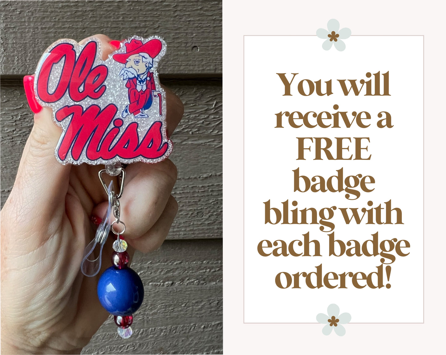 Badge holder with 'Ole Miss' design and promotional text on a wooden background