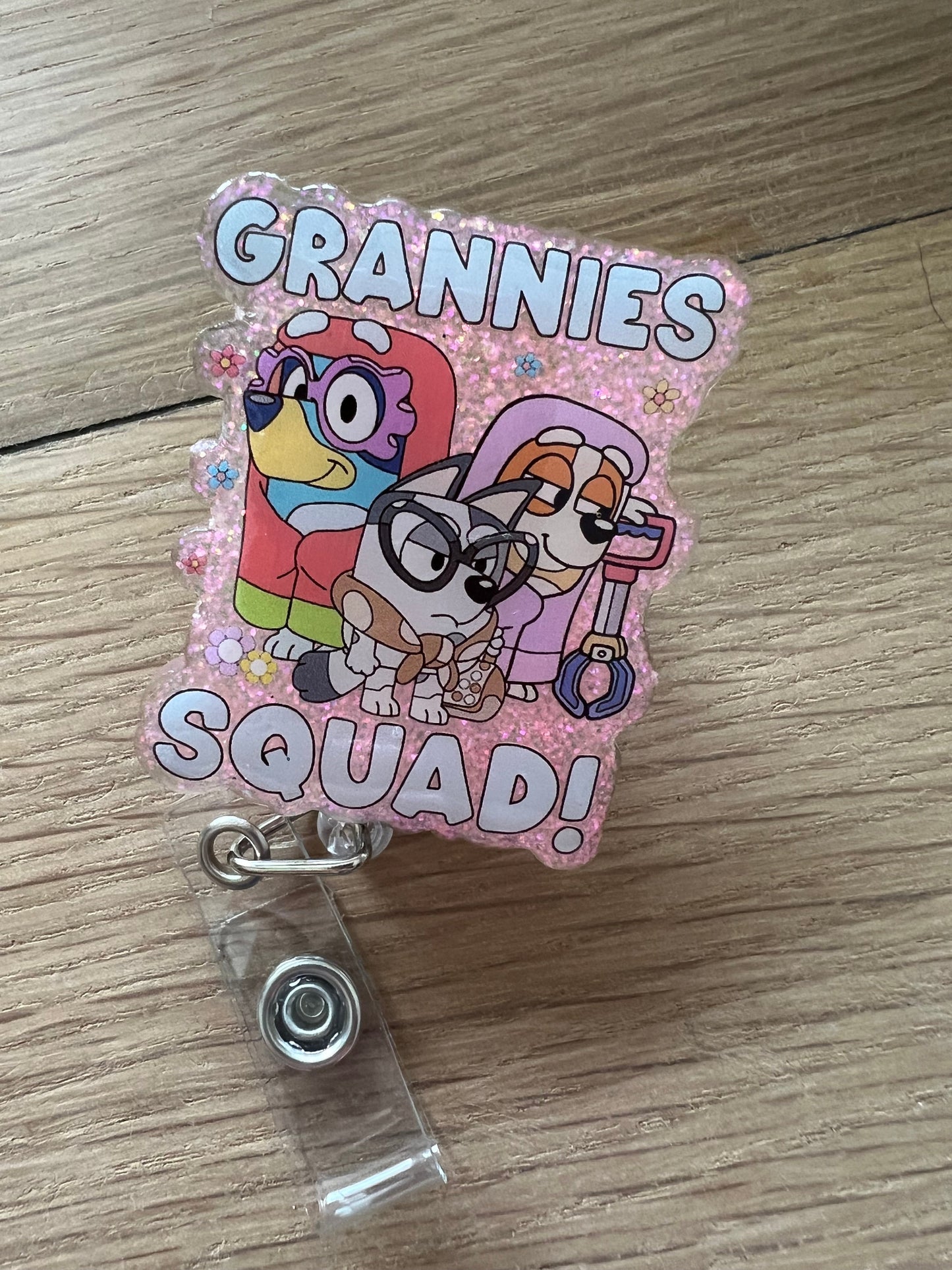 Grannies Squad Badge Reel – Bluey-Inspired Glitter Reel with Free Badge Bling!