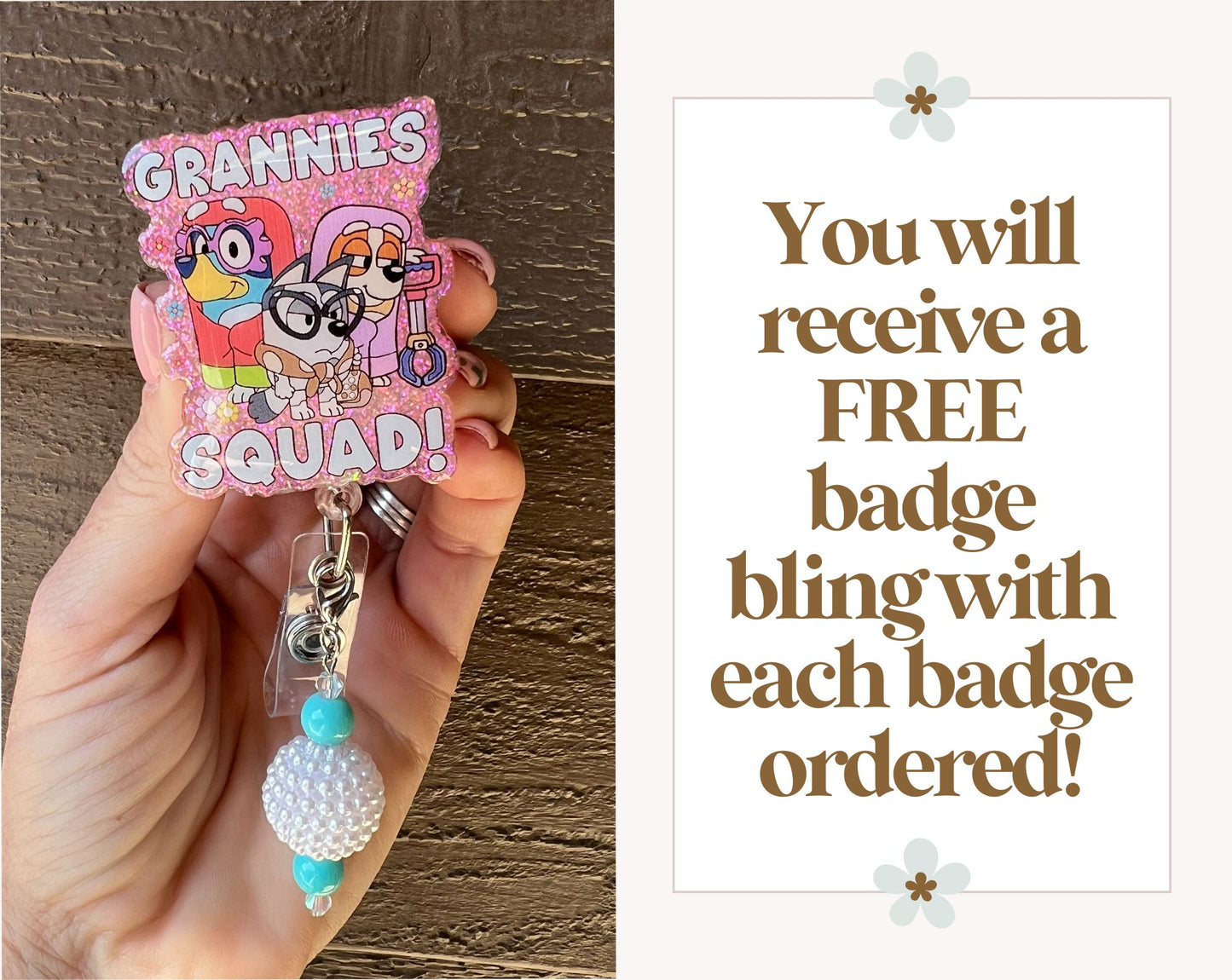 Grannies Squad Badge Reel – Bluey-Inspired Glitter Reel with Free Badge Bling!