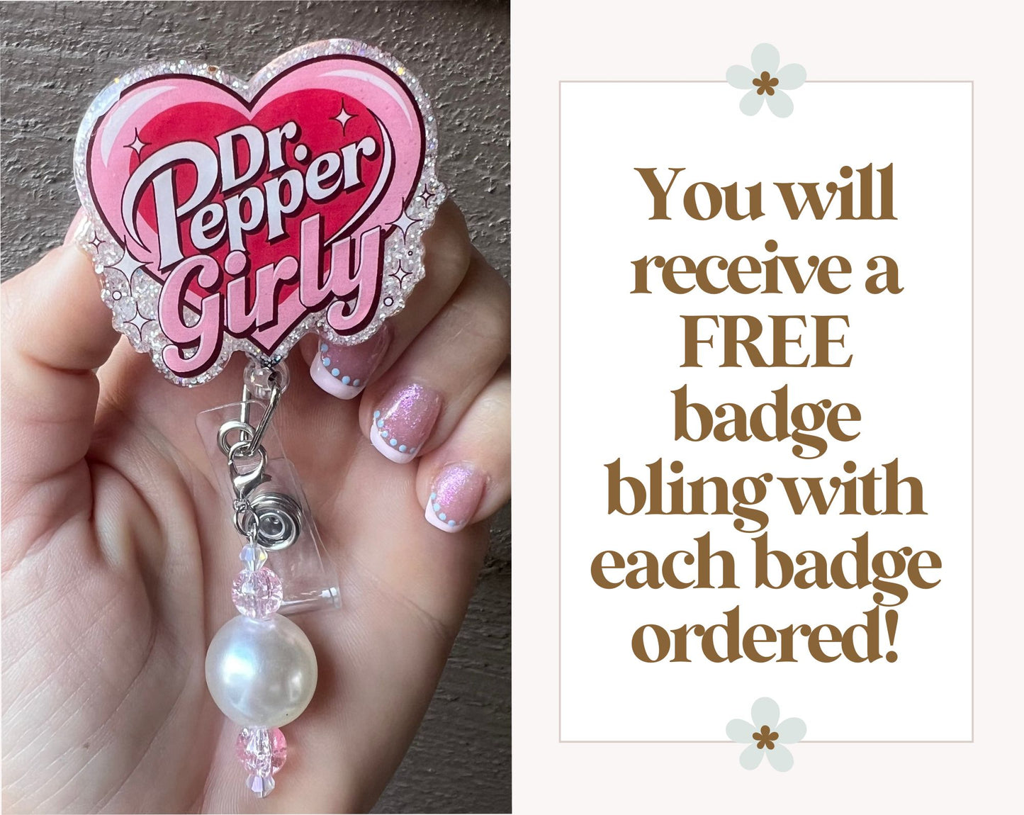 Dr. Pepper Girly Badge Reel - Cute Pink Heart ID Holder with Free Badge Bling!