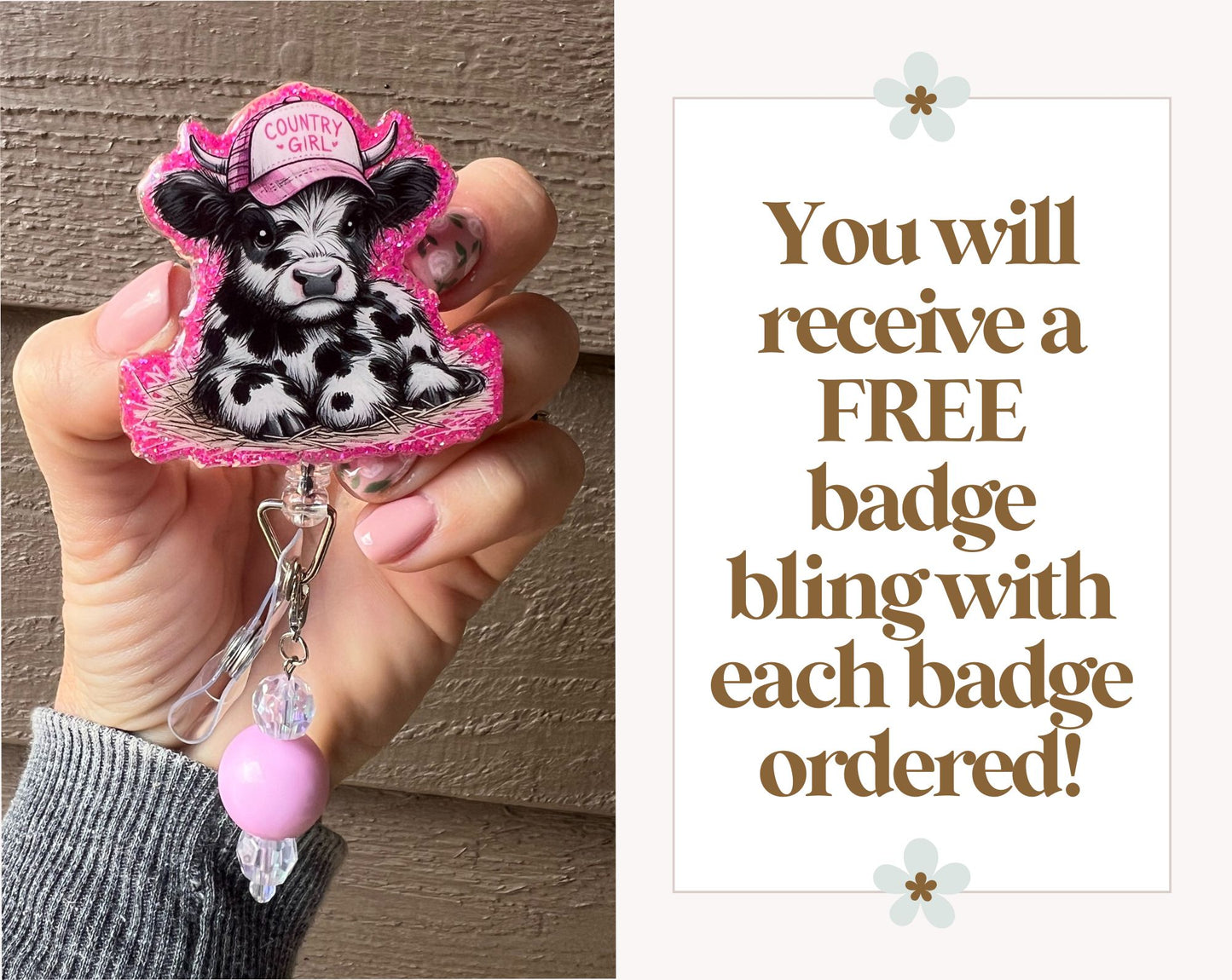 Country Girl Dairy Cow Badge Reel with Free Badge Bling!