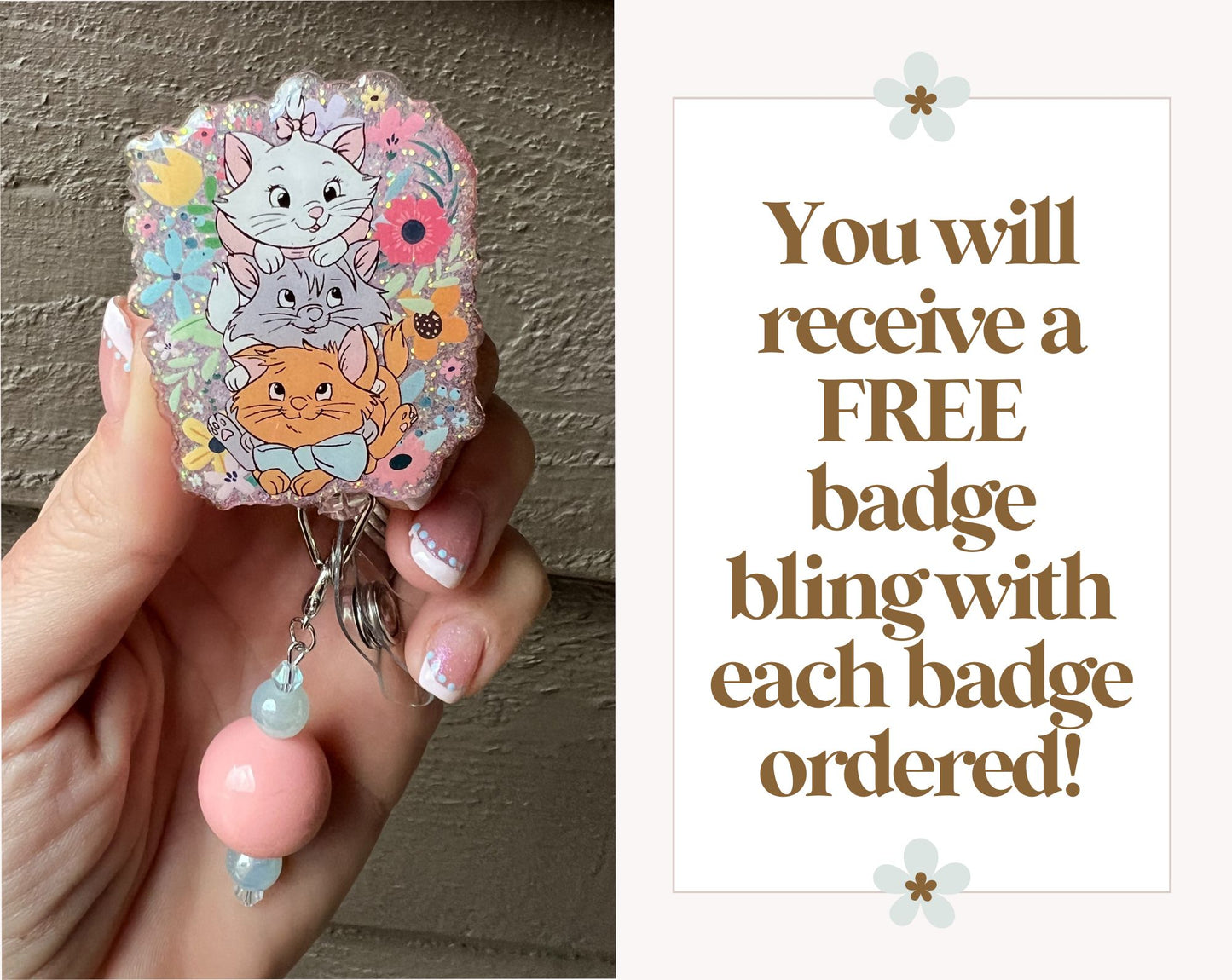 Aristocats Floral Badge Reel - Glittery Cat ID Holder with Free Badge Bling!