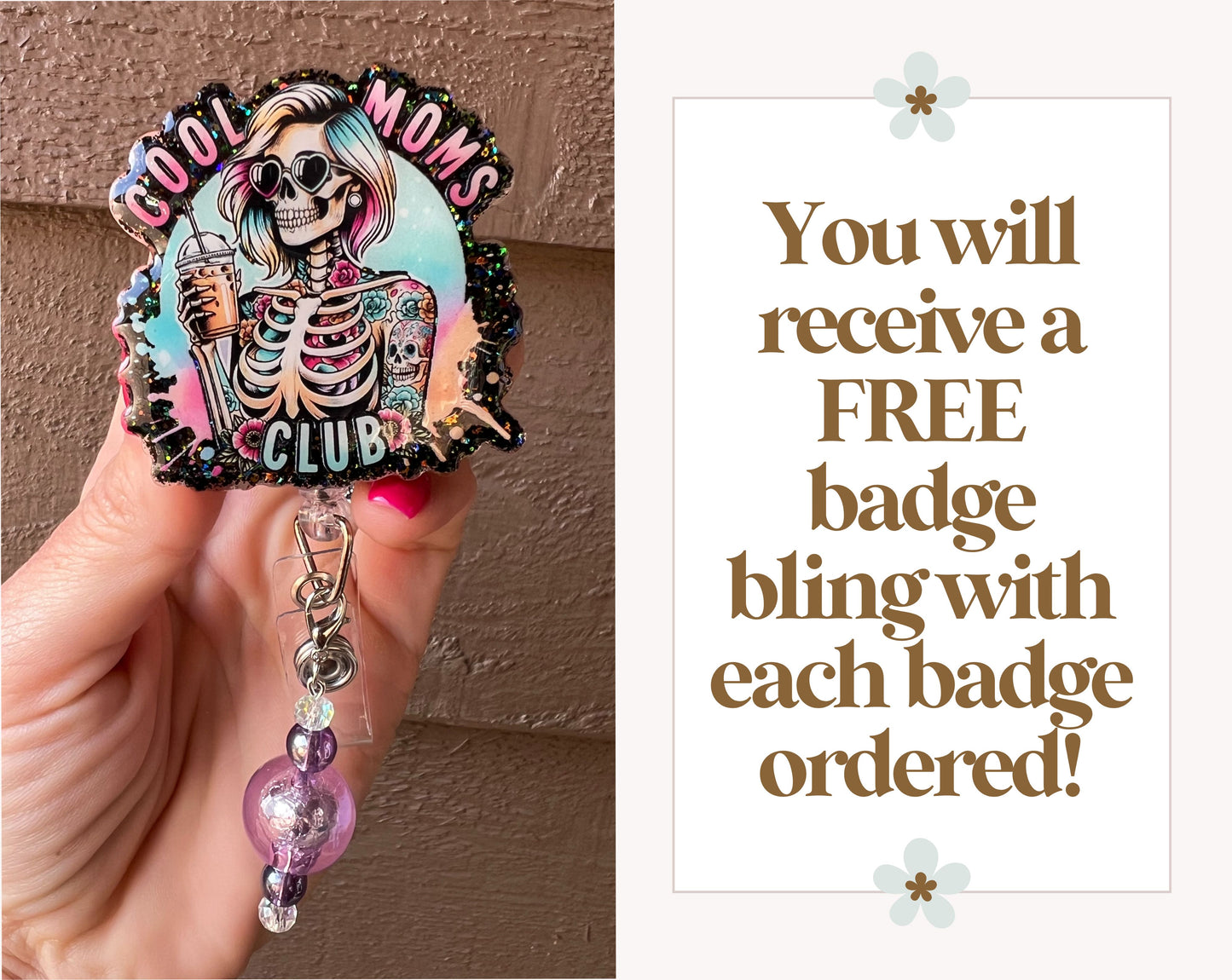 Cool Moms Club Badge Reel - Skeleton with Iced Coffee with Free Badge Bling!