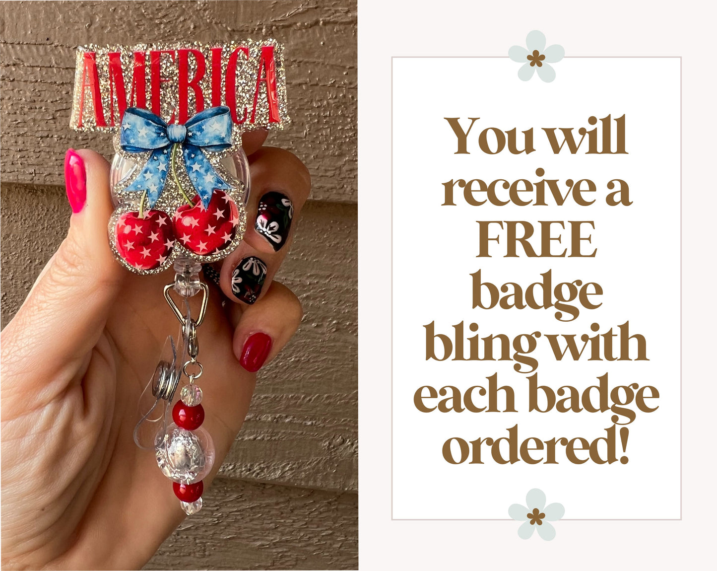 America Patriotic Cherry Badge Reel- Red, White & Blue Glitter ID Holder with Free Badge Bling!