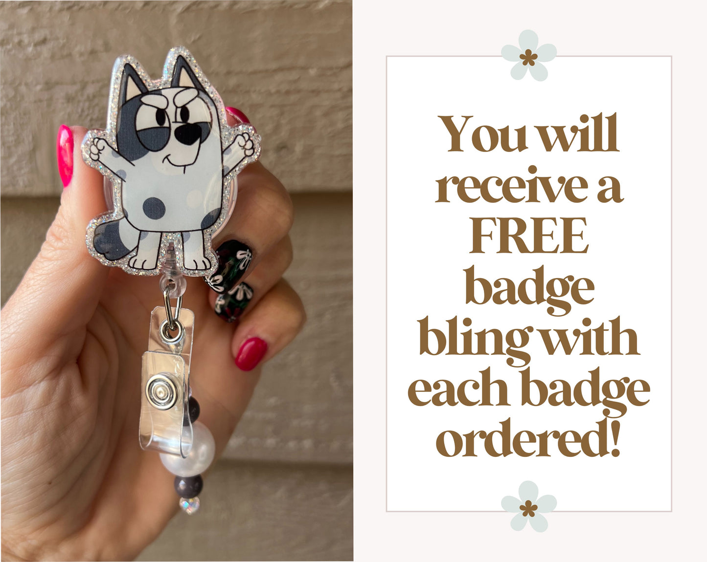 Muffin from Bluey Badge Reel - Glitter or Pearl ID Holder with Free Badge Bling!