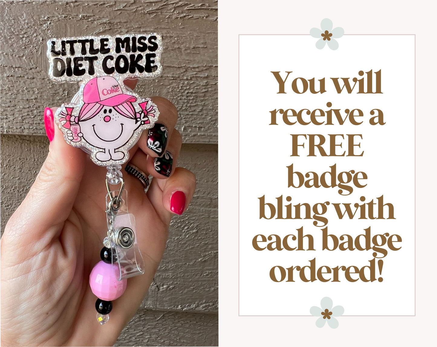 Little Miss Diet Coke Badge Reel - perfect for nurses and teachers with Free Badge Bling!