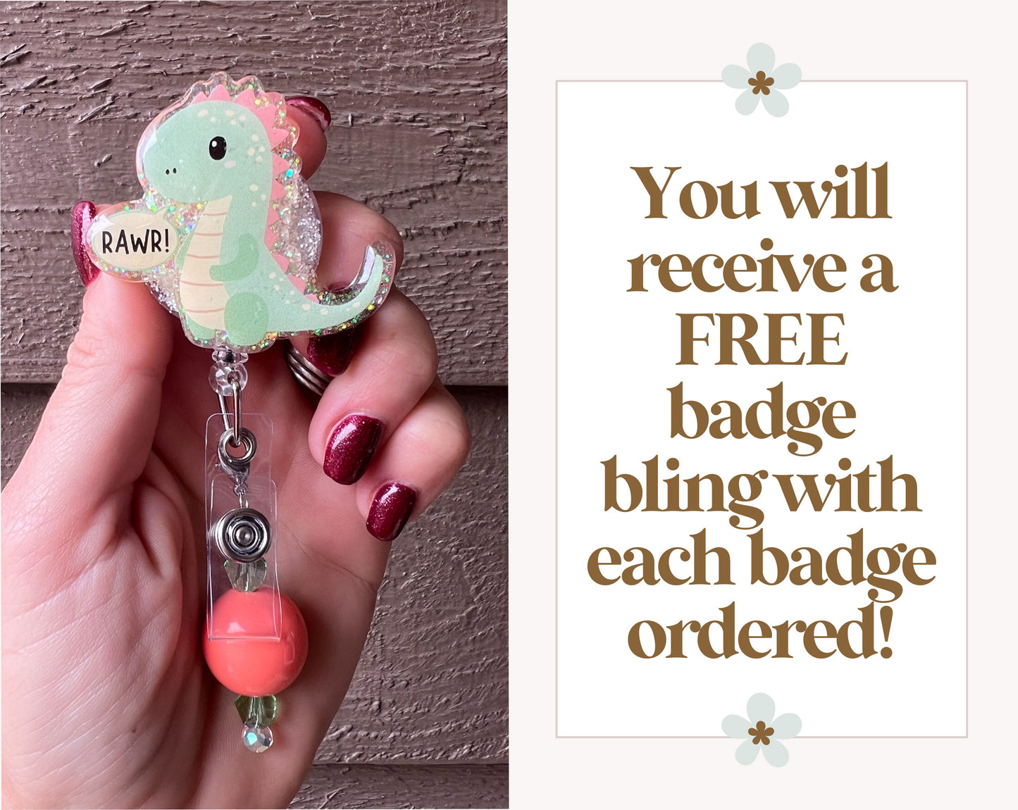 RAWR Dinosaur Badge Reel - Cute Dino ID Holder with FREE Badge Bling!