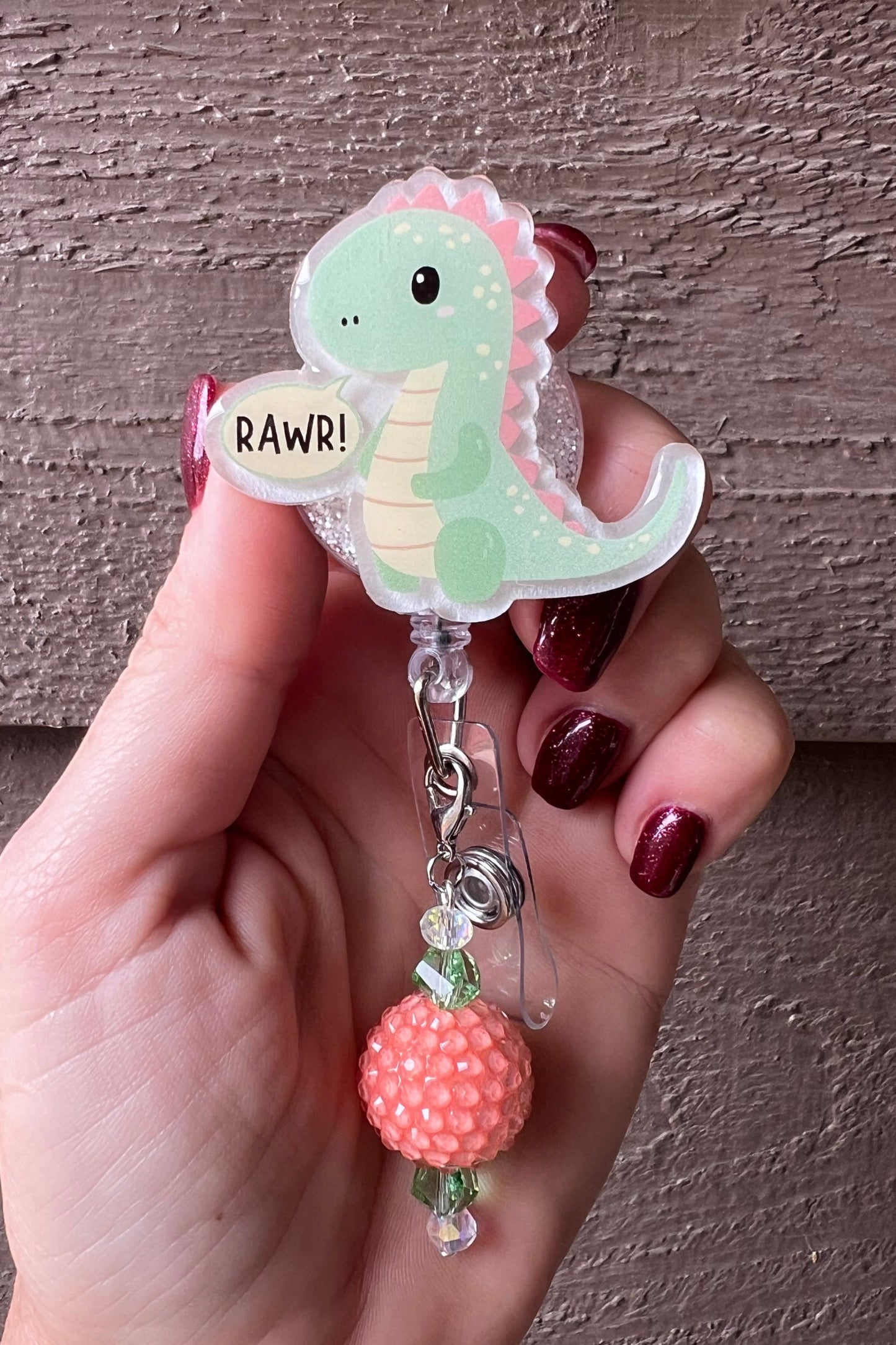 RAWR Dinosaur Badge Reel - Cute Dino ID Holder with FREE Badge Bling!