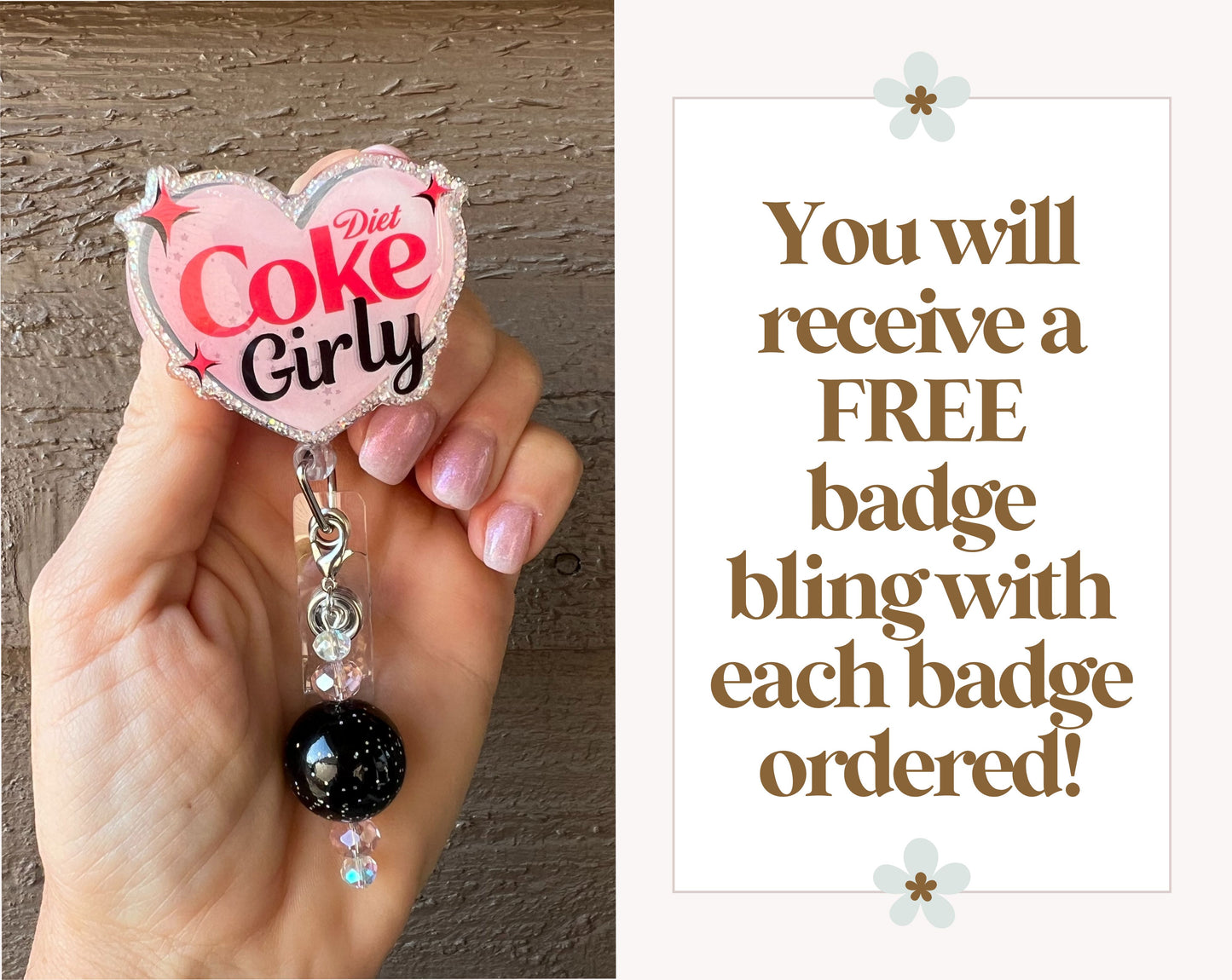 Diet Coke Girly Badge Reel - Pink Heart ID Holder with Free Badge Bling!