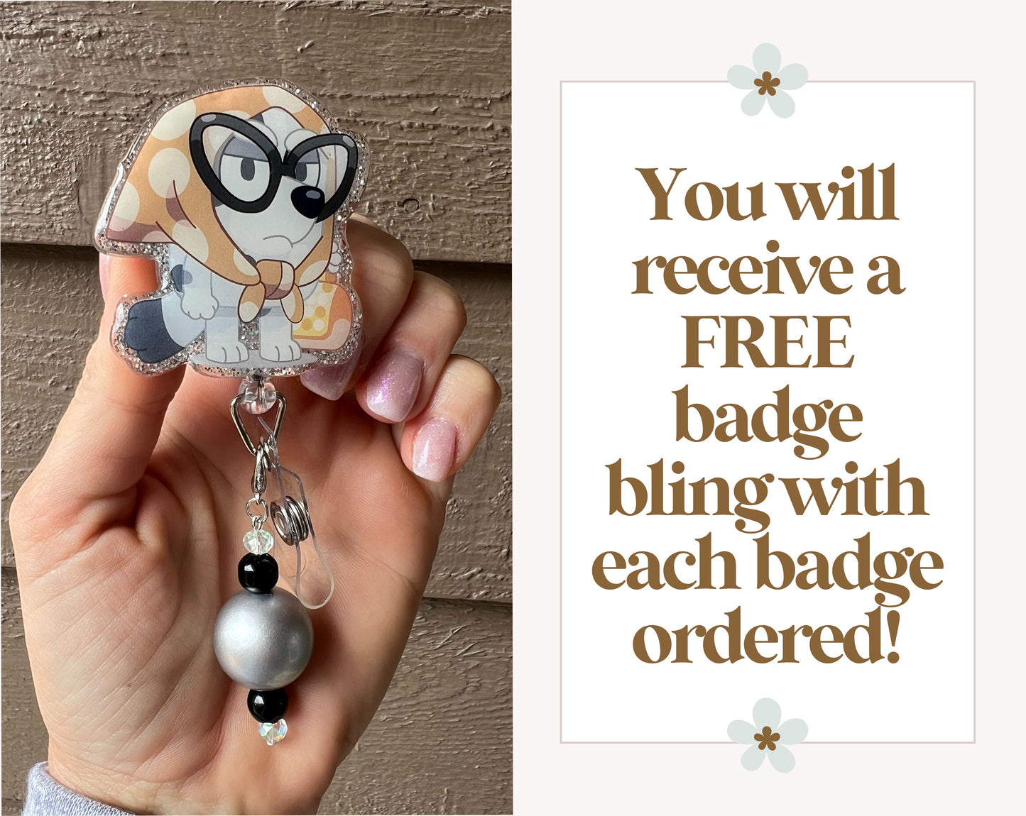 Muffin as Grany Gladys Badge Reel- Bluey ID Holder with Free Badge Bling!