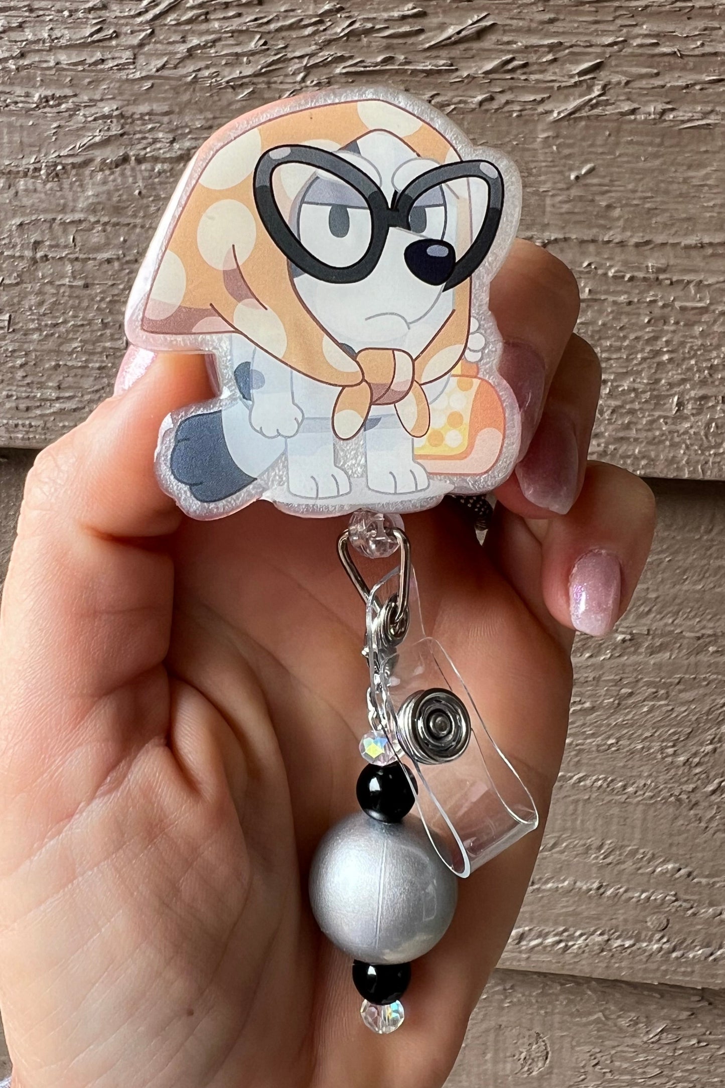 Muffin as Grany Gladys Badge Reel- Bluey ID Holder with Free Badge Bling!