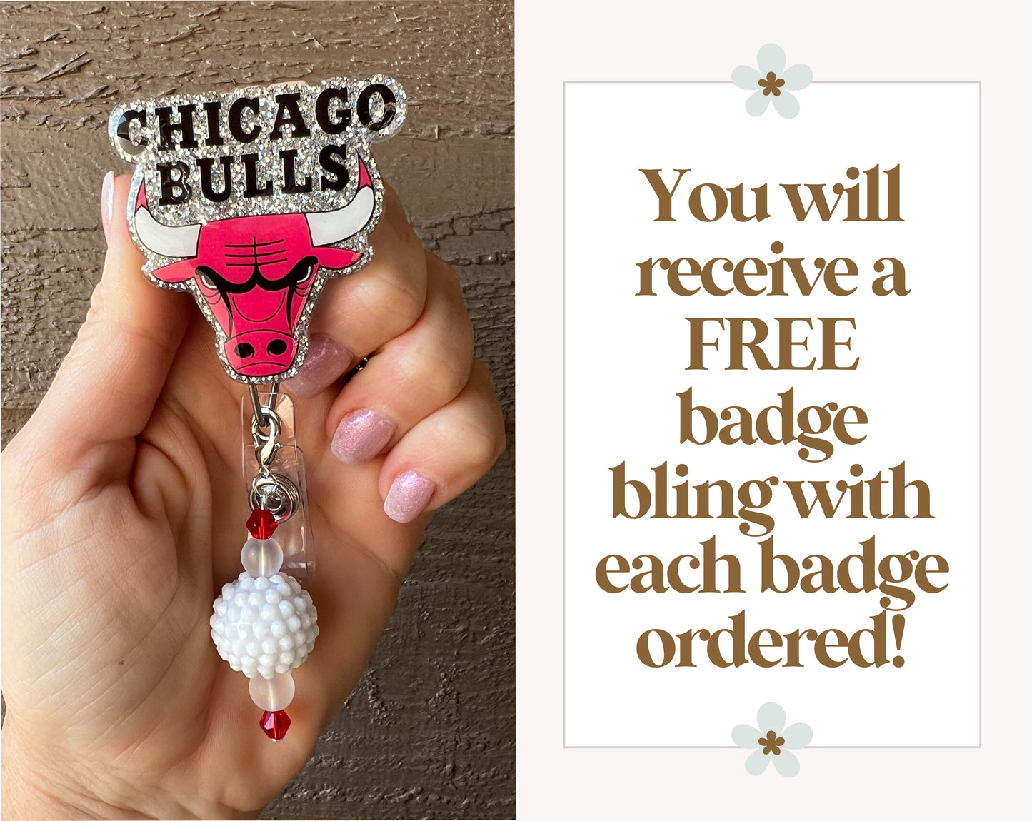 Chicago Bulls Badge Reel - Glitter or Pearl ID Holder with Free Badge Bling!