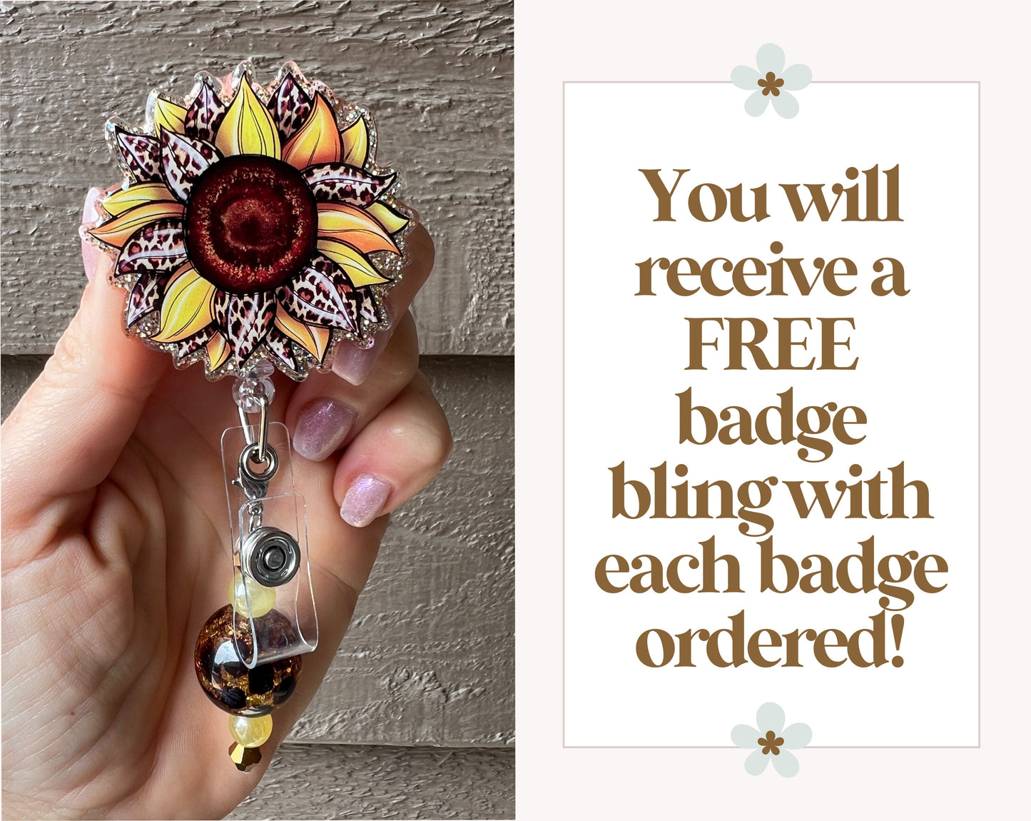 Sunflower Leopard Print Flower Badge Reel with Free Badge Bling!