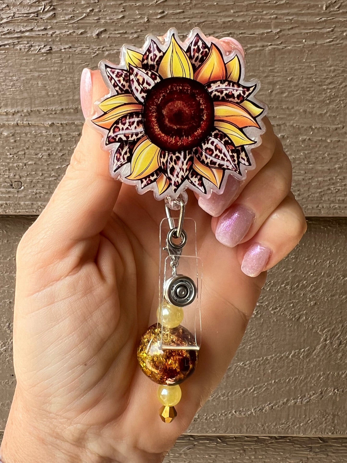 Sunflower Leopard Print Flower Badge Reel with Free Badge Bling!