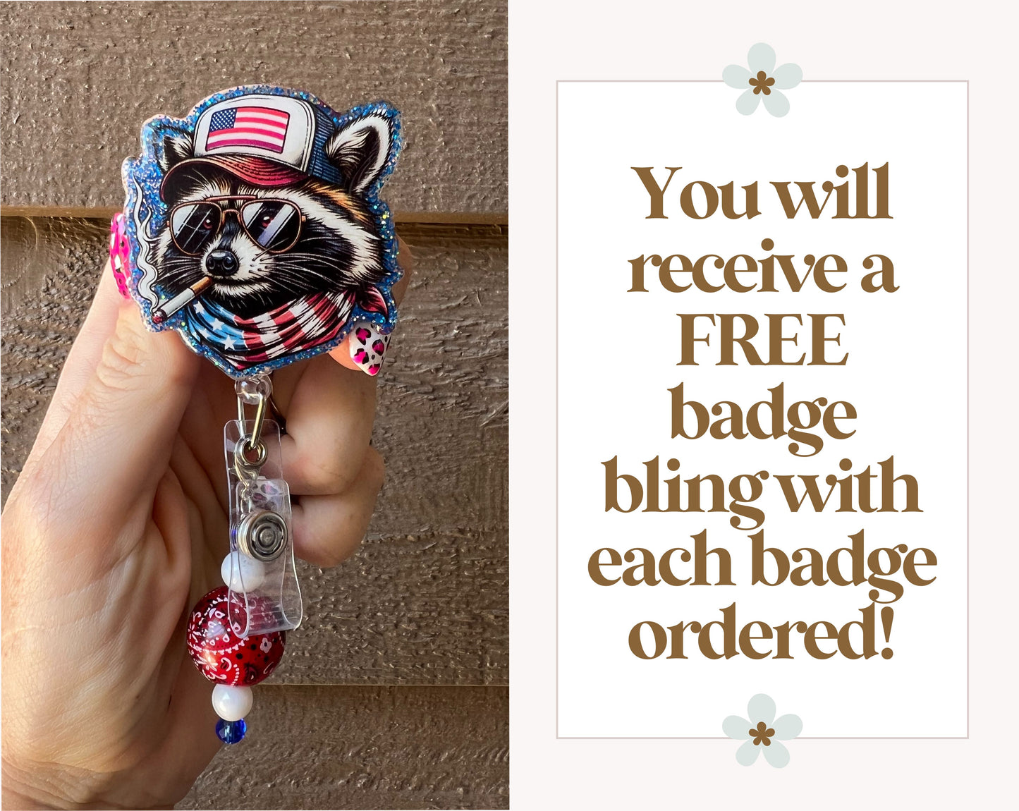 Funny Patriotic Raccoon Badge Reel - Americana ID Holder with Free Badge Bling!