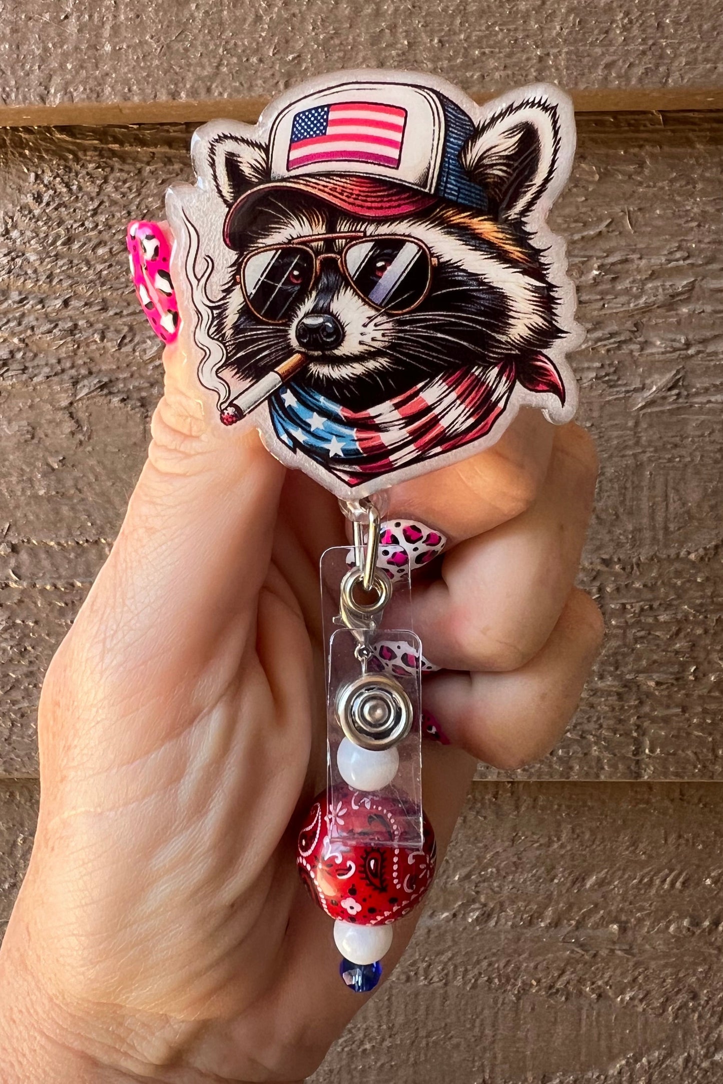 Funny Patriotic Raccoon Badge Reel - Americana ID Holder with Free Badge Bling!