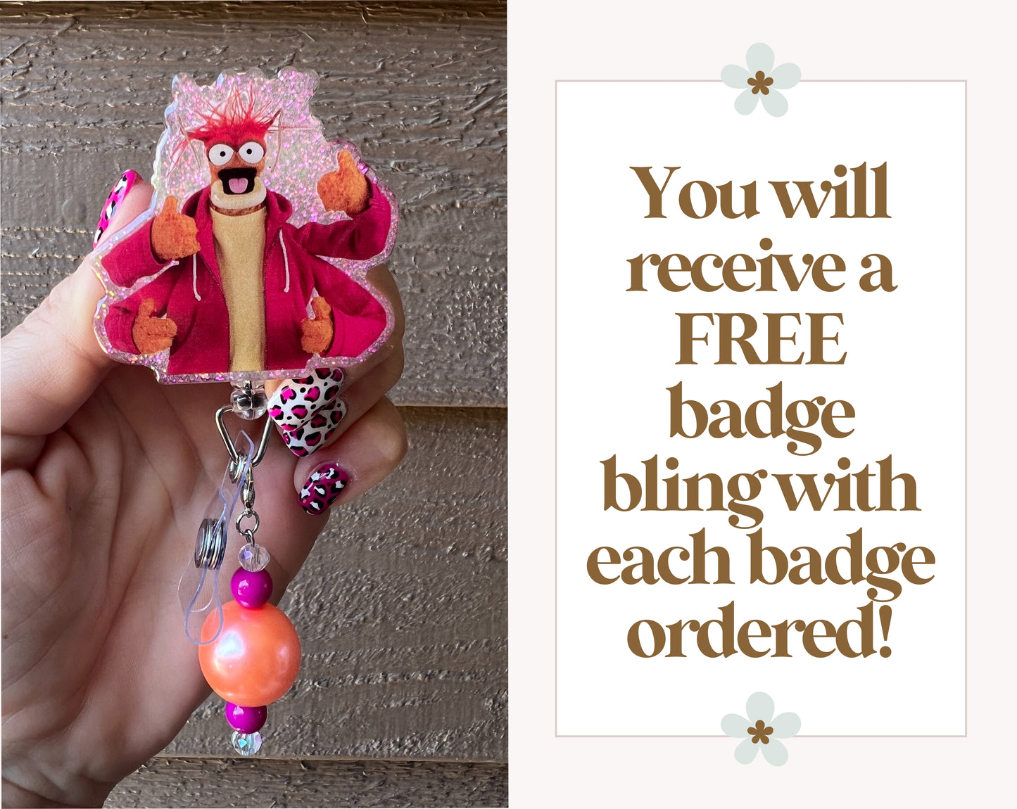 Pepe the King Prawn Badge Reel- Glittery Muppet ID Holder with Free Badge Bling!