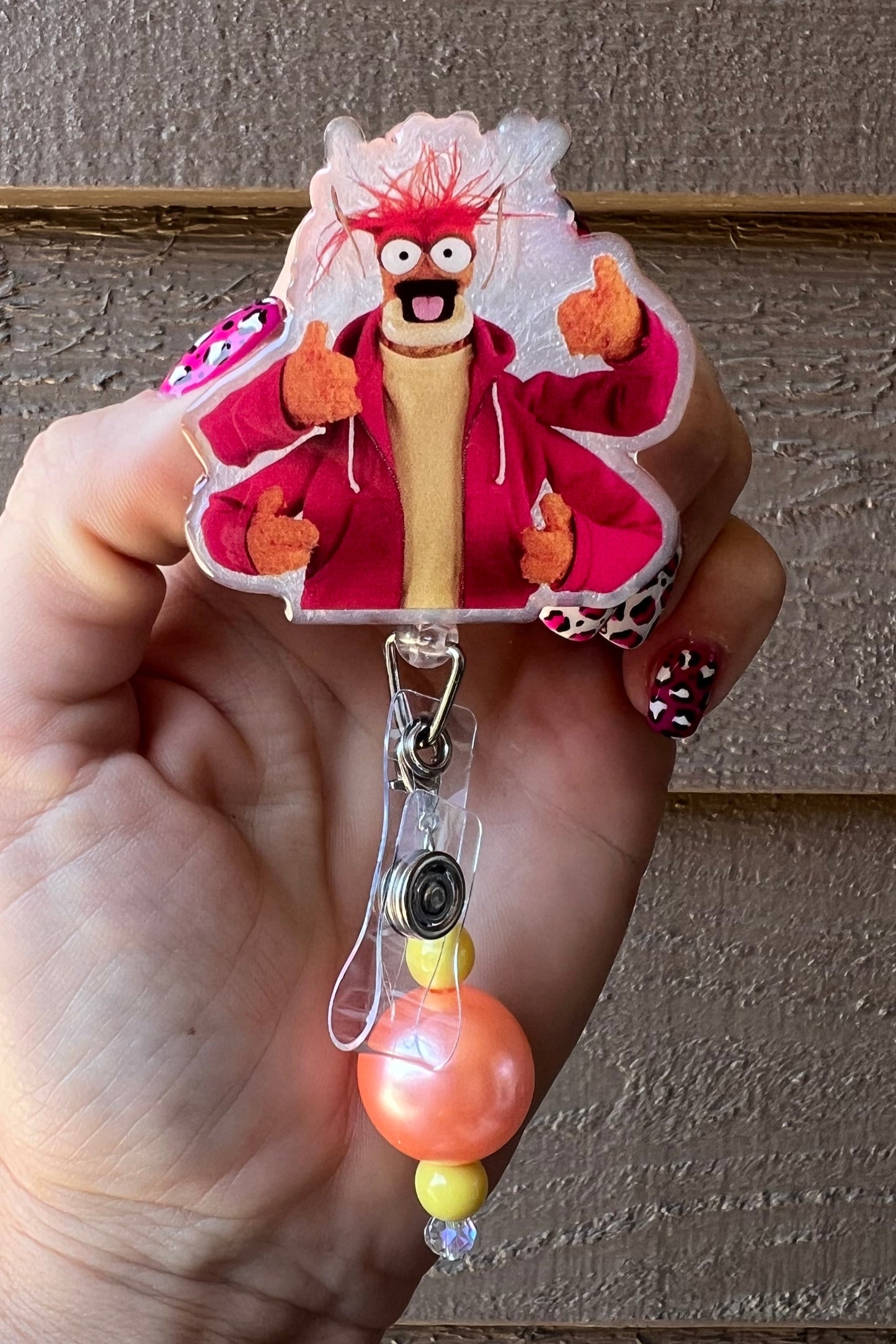 Pepe the King Prawn Badge Reel- Glittery Muppet ID Holder with Free Badge Bling!