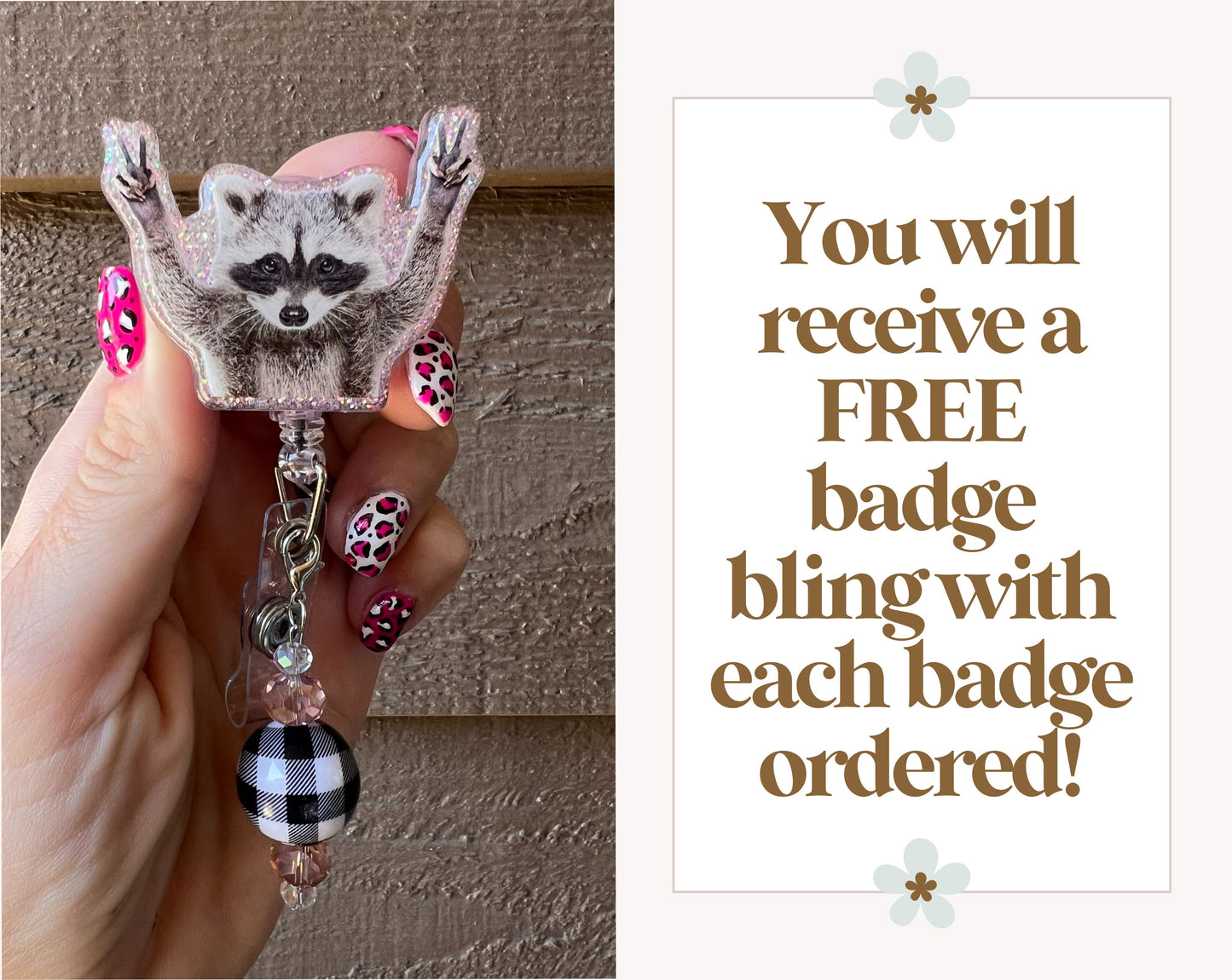 Funny Raccoon Badge Reel with Free Badge Bling!