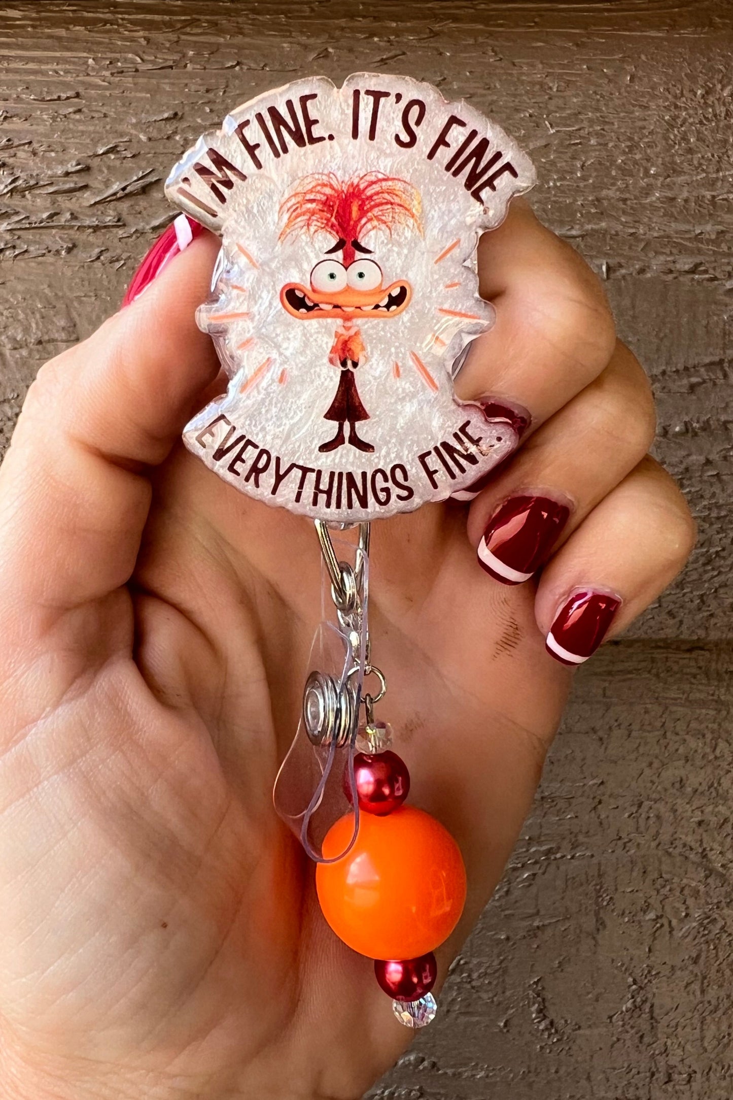 Funny "I'm Fine" Badge Reel-  Inspired by Anxiety from Inside out 2 - ID Holder with Free Badge Bling!