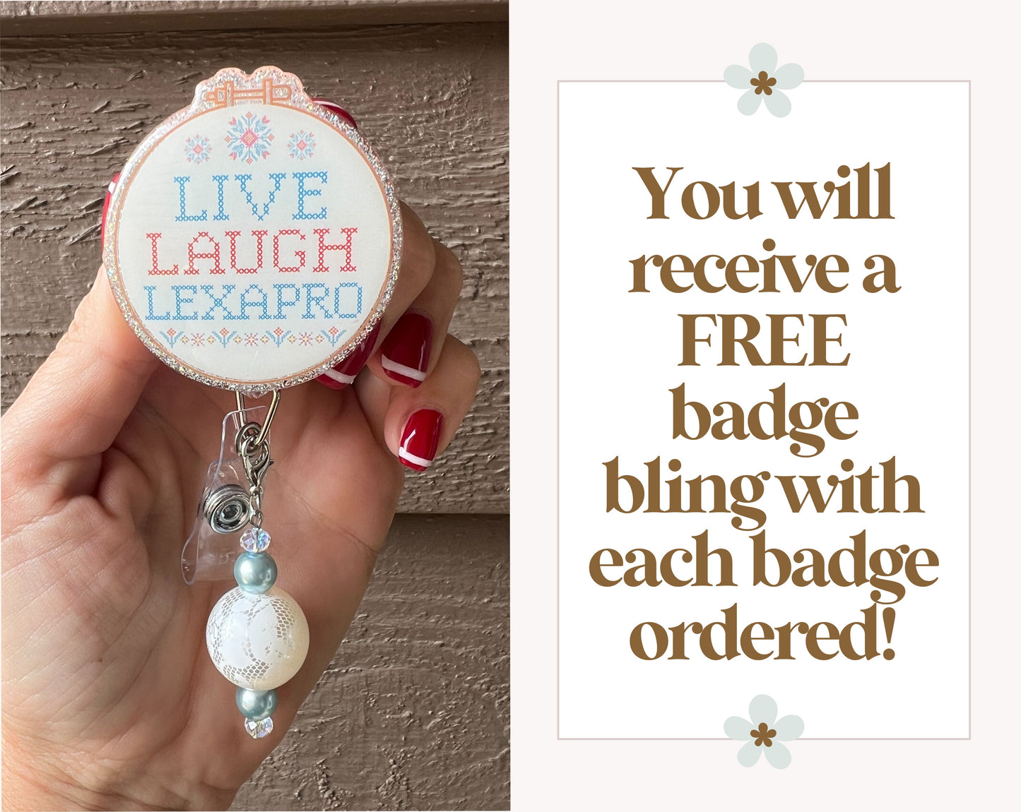 Live Laugh Lexapro Badge Reel | Funny Cross-Stitch Badge Reel with Free Badge Bling!