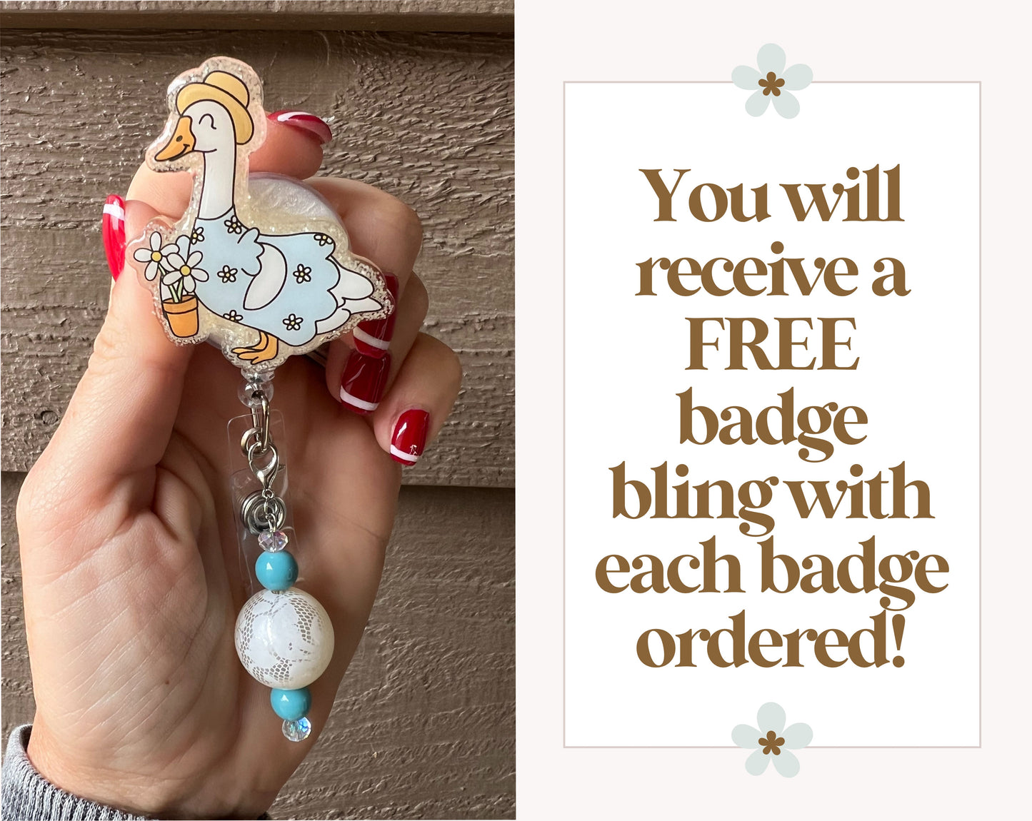 Porch Duck Badge Reel -  Floral Goose ID Holder with Free Badge Bling!